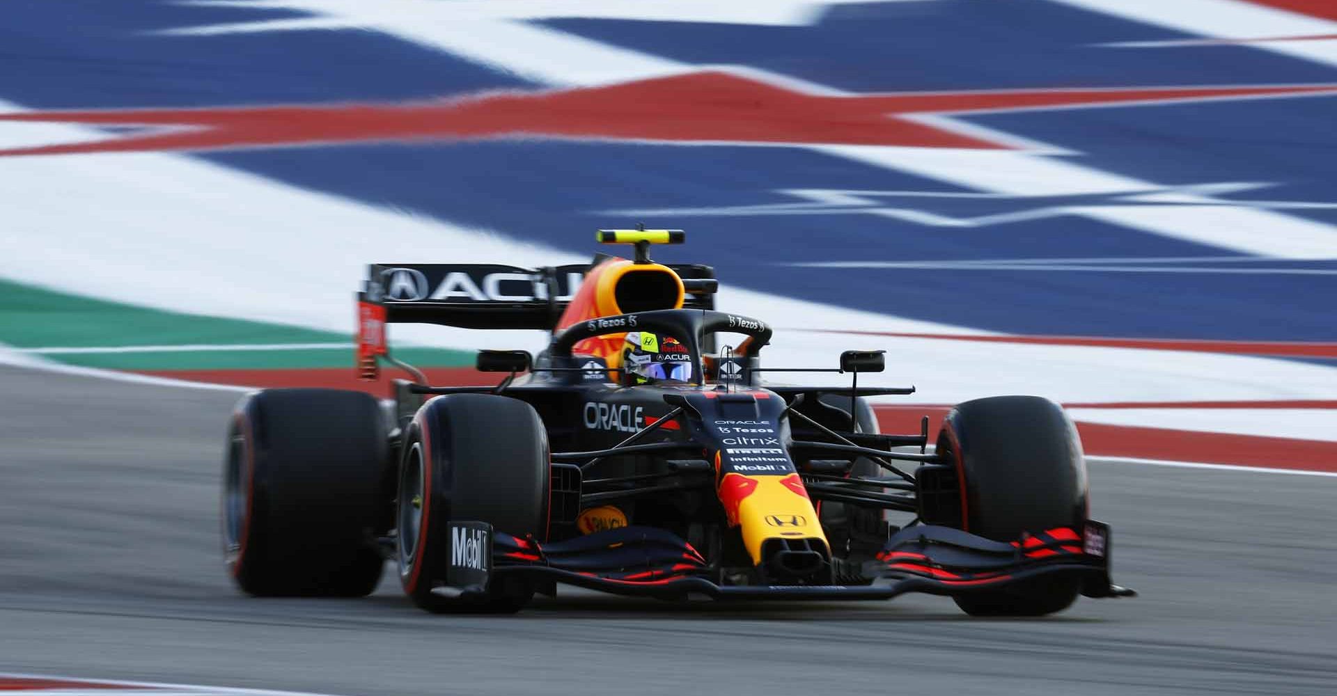 AUSTIN, TEXAS - OCTOBER 22: Sergio Perez of Mexico driving the (11) Red Bull Racing RB16B Honda during practice ahead of the F1 Grand Prix of USA at Circuit of The Americas on October 22, 2021 in Austin, Texas. (Photo by Jared C. Tilton/Getty Images)