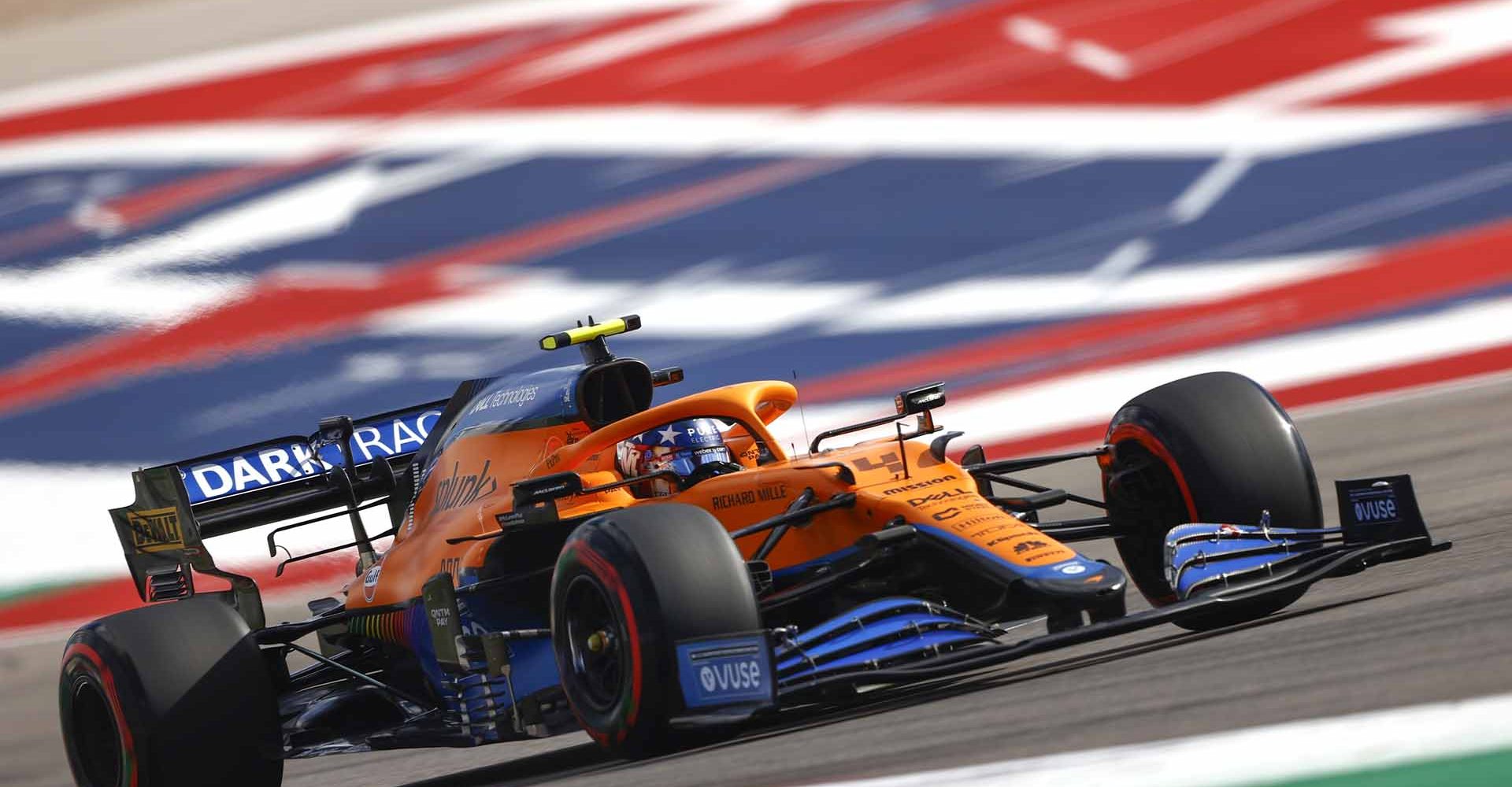 Lando Norris, McLaren MCL35M, approaches a corner