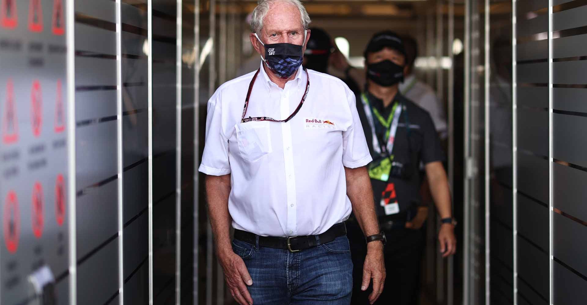 AUSTIN, TEXAS - OCTOBER 23: Red Bull Racing Team Consultant Dr Helmut Marko looks on in the garage during final practice ahead of the F1 Grand Prix of USA at Circuit of The Americas on October 23, 2021 in Austin, Texas. (Photo by Chris Graythen/Getty Images)