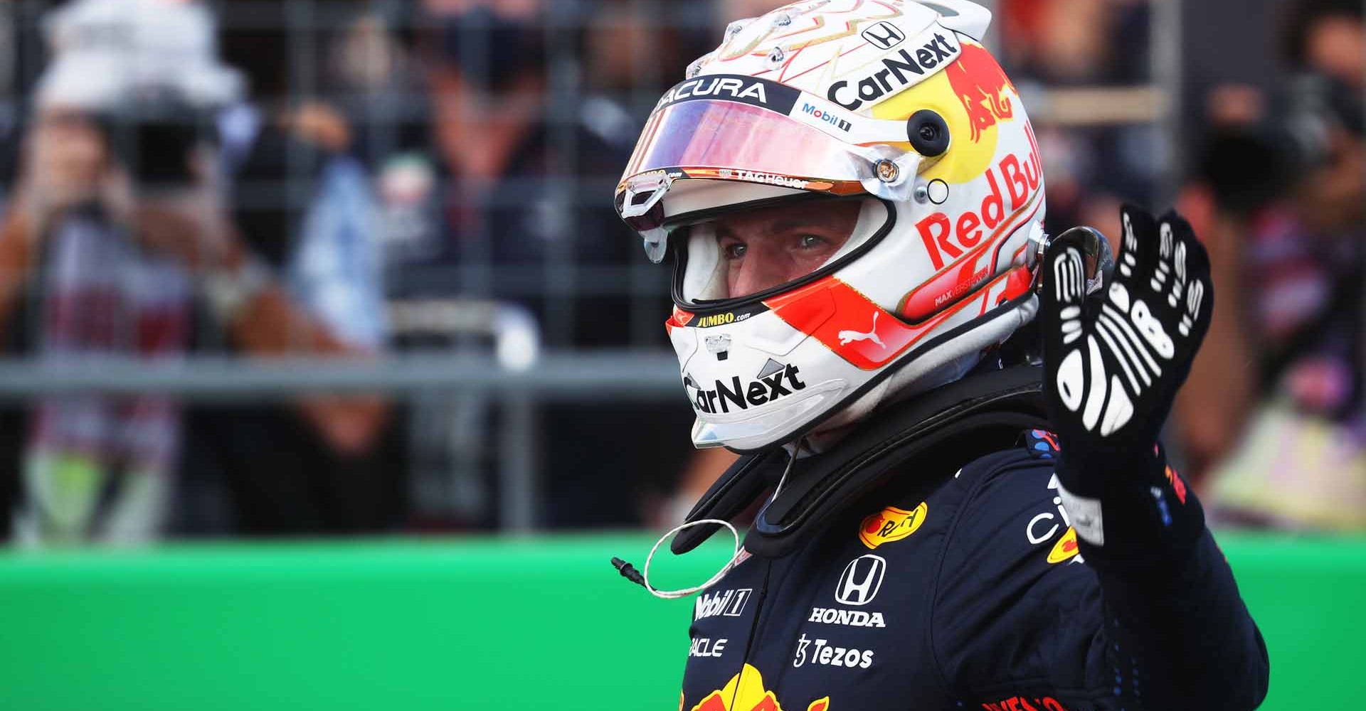 AUSTIN, TEXAS - OCTOBER 23: Pole position qualifier Max Verstappen of Netherlands and Red Bull Racing celebrates in parc ferme during qualifying ahead of the F1 Grand Prix of USA at Circuit of The Americas on October 23, 2021 in Austin, Texas. (Photo by Chris Graythen/Getty Images)