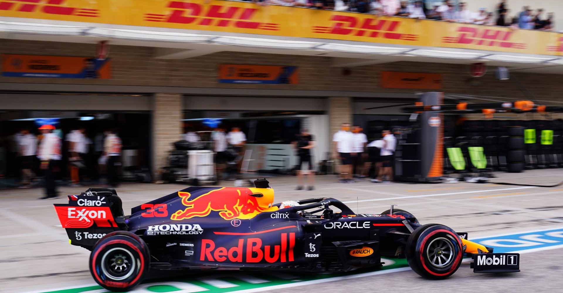 AUSTIN, TEXAS - OCTOBER 23: Max Verstappen of the Netherlands driving the (33) Red Bull Racing RB16B Honda in the Pitlane  during qualifying ahead of the F1 Grand Prix of USA at Circuit of The Americas on October 23, 2021 in Austin, Texas. (Photo by Darron Cummings - Pool/Getty Images)