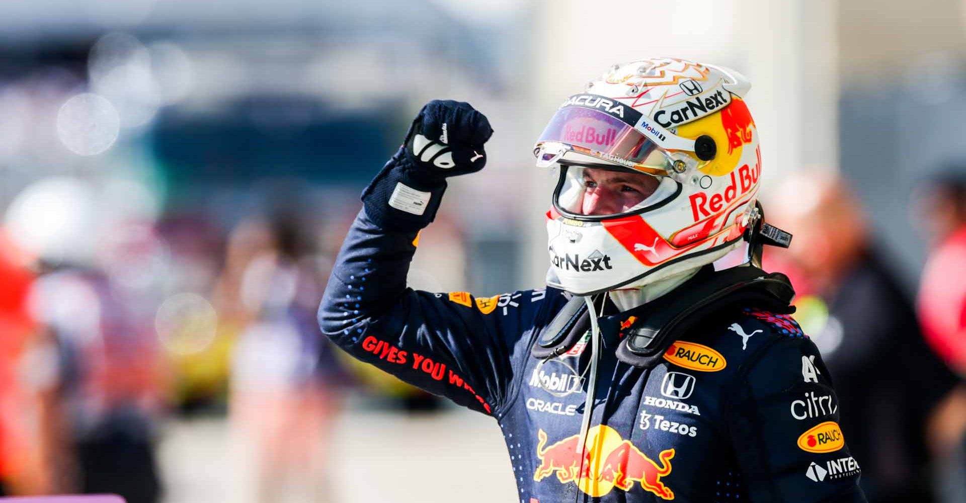 AUSTIN, TEXAS - OCTOBER 24: Max Verstappen of Red Bull Racing and The Netherlands celebrates winning during the F1 Grand Prix of USA at Circuit of The Americas on October 24, 2021 in Austin, Texas. (Photo by Peter Fox/Getty Images)