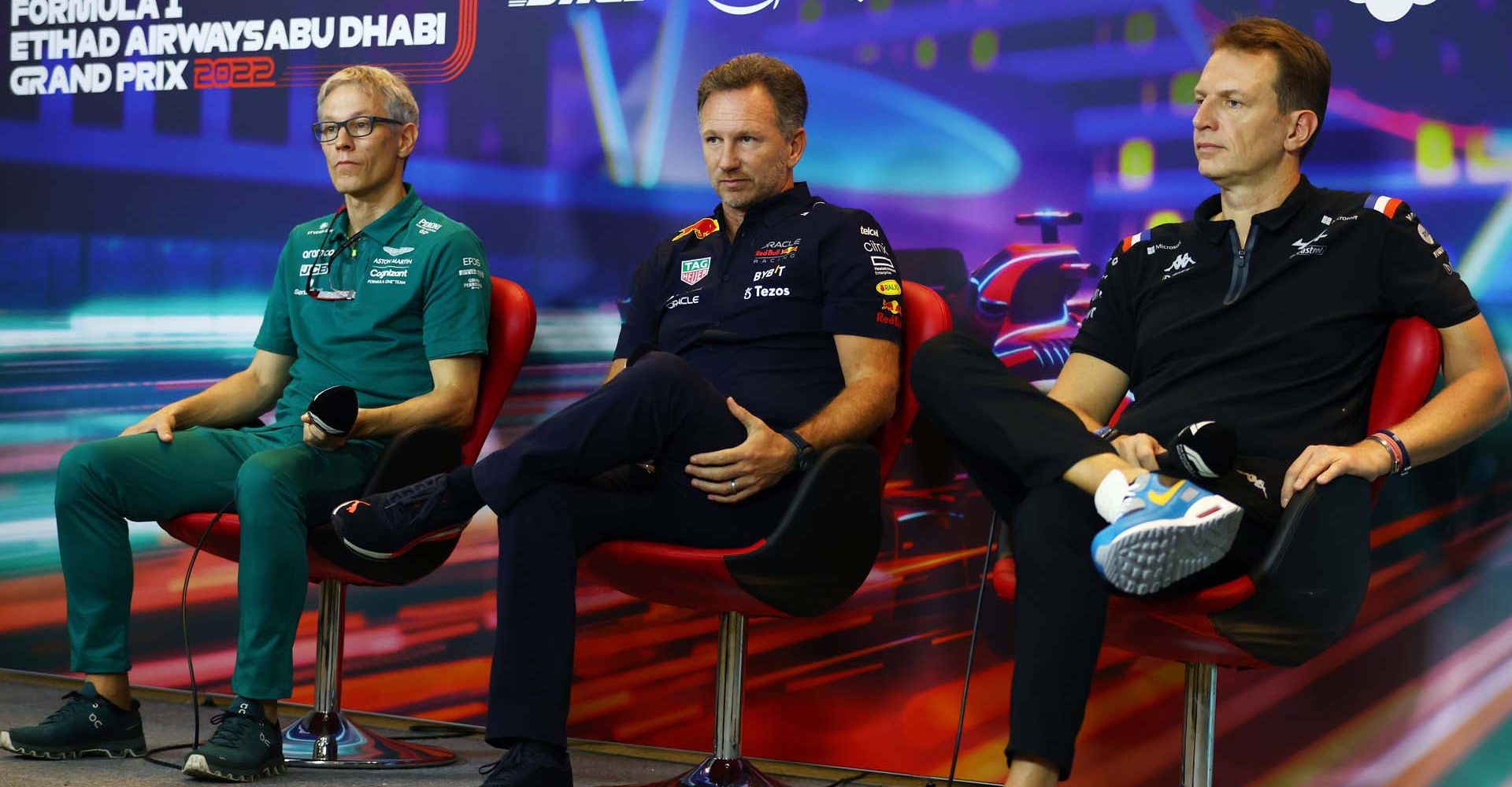 ABU DHABI, UNITED ARAB EMIRATES - NOVEMBER 19: Mike Krack, Team Principal of the Aston Martin F1 Team, Red Bull Racing Team Principal Christian Horner and Laurent Rossi, CEO of Alpine F1 attend the Team Principals Press Conference prior to final practice ahead of the F1 Grand Prix of Abu Dhabi at Yas Marina Circuit on November 19, 2022 in Abu Dhabi, United Arab Emirates. (Photo by Bryn Lennon/Getty Images)