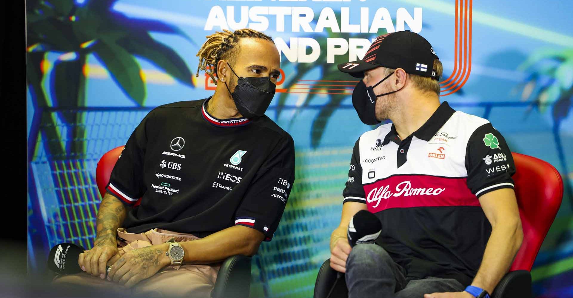 HAMILTON Lewis (gbr), Mercedes AMG F1 Team W13, BOTTAS Valtteri (fin), Alfa Romeo F1 Team ORLEN C42, portrait, press conference during the Formula 1 Heineken Australian Grand Prix 2022, 3rd round of the 2022 FIA Formula One World Championship, on the Albert Park Circuit, from April 8 to 10, 2022 in Melbourne, Australia - Photo Florent Gooden / DPPI