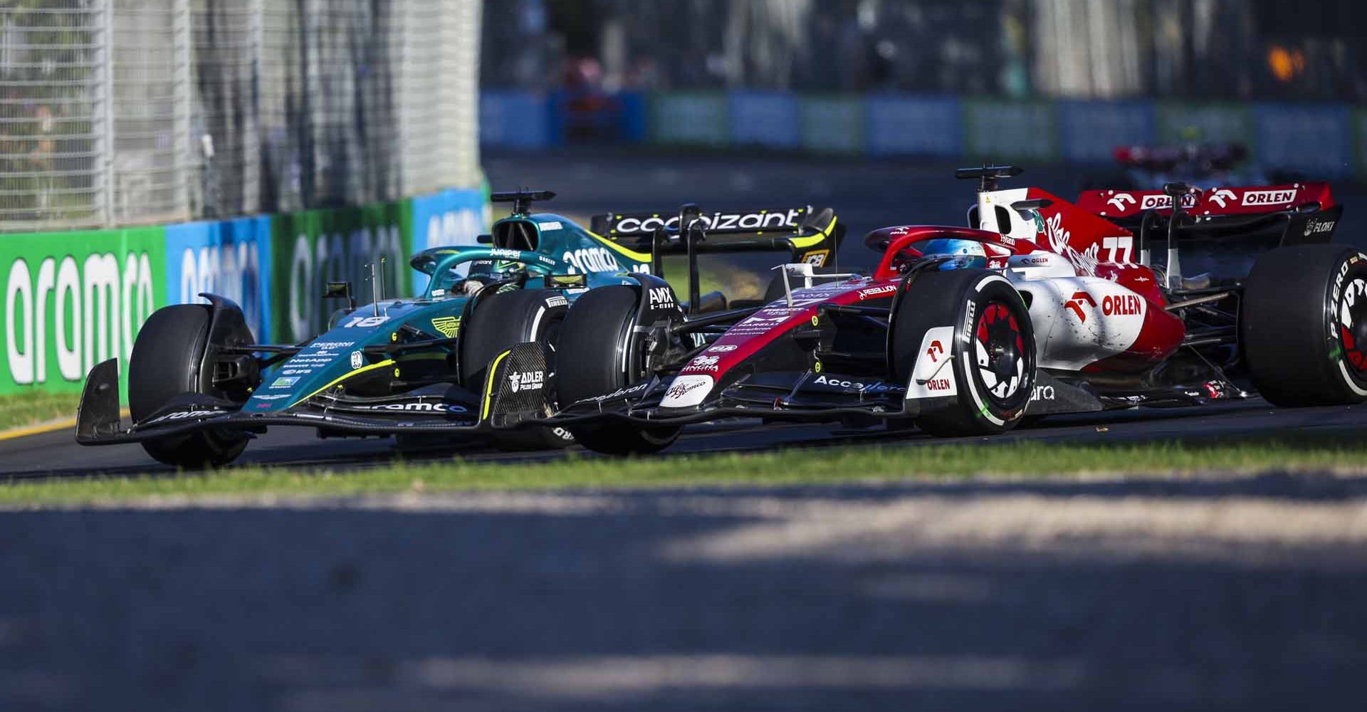 18 STROLL Lance (can), Aston Martin F1 Team AMR22, 77 BOTTAS Valtteri (fin), Alfa Romeo F1 Team ORLEN C42, action during the Formula 1 Heineken Australian Grand Prix 2022, 3rd round of the 2022 FIA Formula One World Championship, on the Albert Park Circuit, from April 8 to 10, 2022 in Melbourne, Australia - Photo Florent Gooden / DPPI