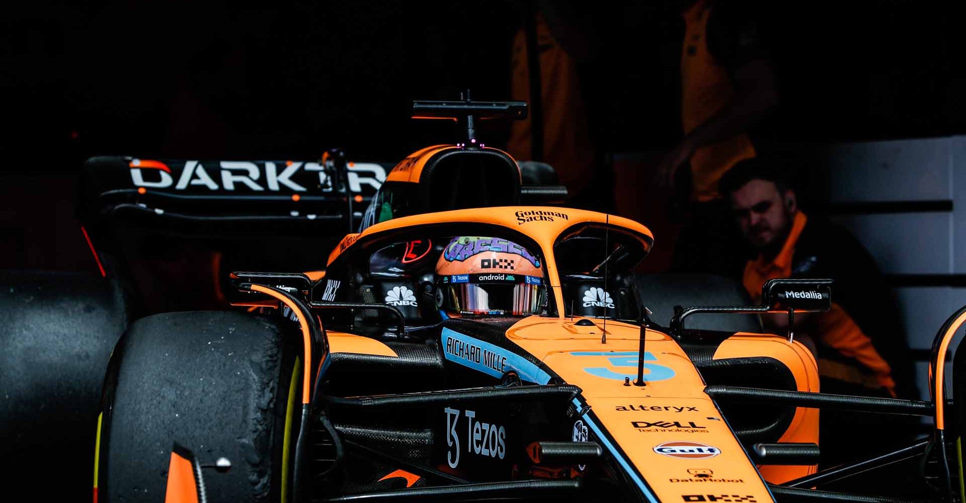 Daniel Ricciardo, McLaren MCL36, leaves the garage