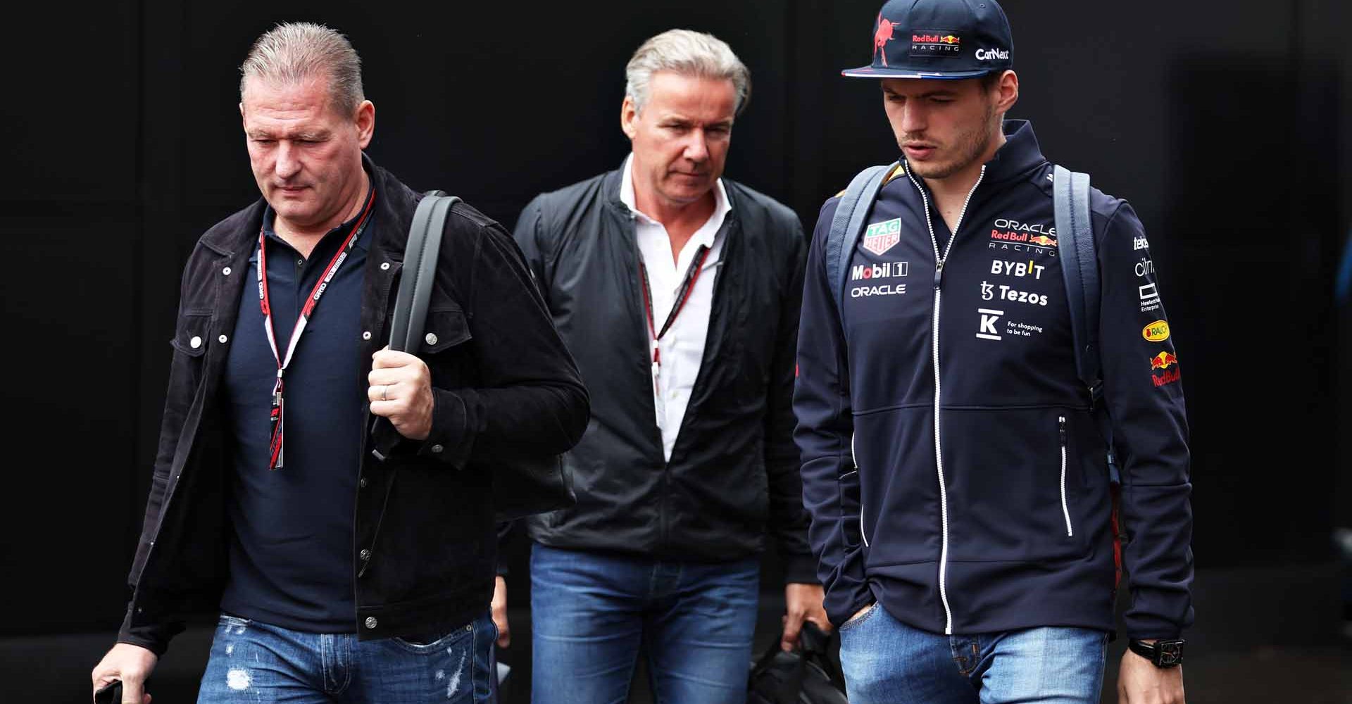 SPIELBERG, AUSTRIA - JULY 07: Max Verstappen of the Netherlands and Oracle Red Bull Racing and his father Jos Verstappen walk in the Paddock during previews ahead of the F1 Grand Prix of Austria at Red Bull Ring on July 07, 2022 in Spielberg, Austria. (Photo by Bryn Lennon/Getty Images)