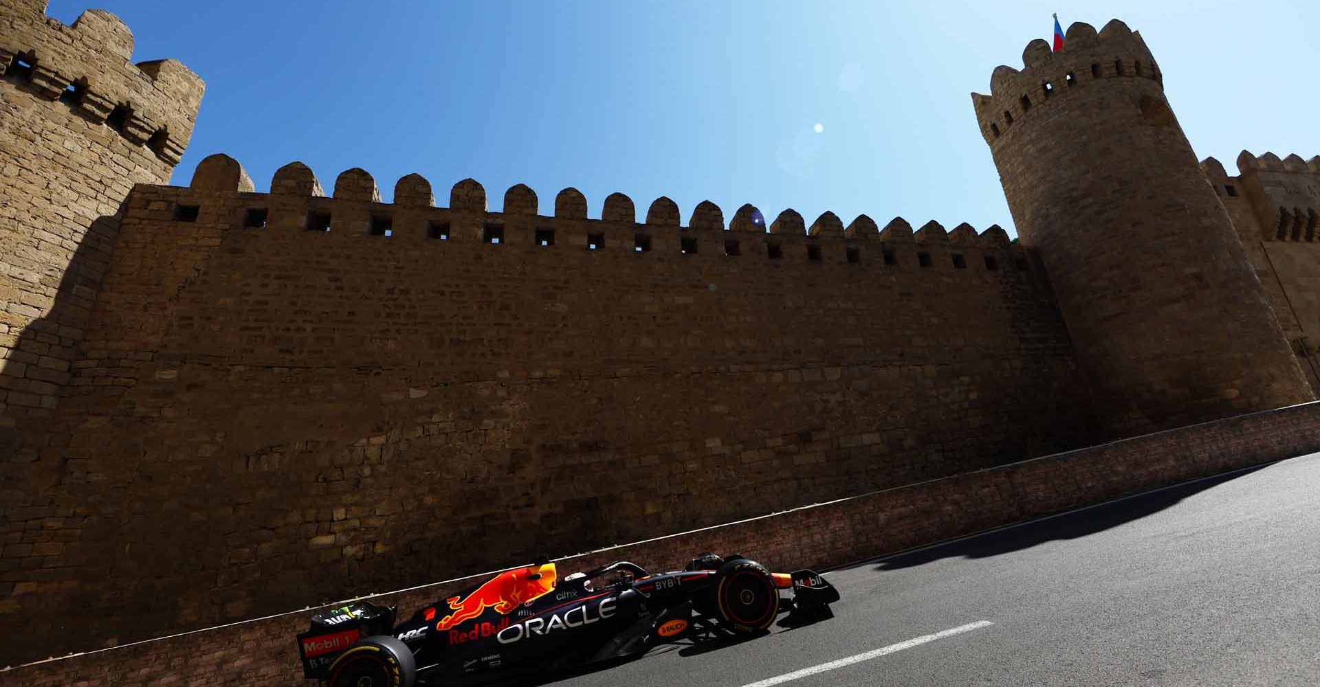 BAKU, AZERBAIJAN - JUNE 10: Max Verstappen of the Netherlands driving the (1) Oracle Red Bull Racing RB18 on track during practice ahead of the F1 Grand Prix of Azerbaijan at Baku City Circuit on June 10, 2022 in Baku, Azerbaijan. (Photo by Clive Rose/Getty Images)