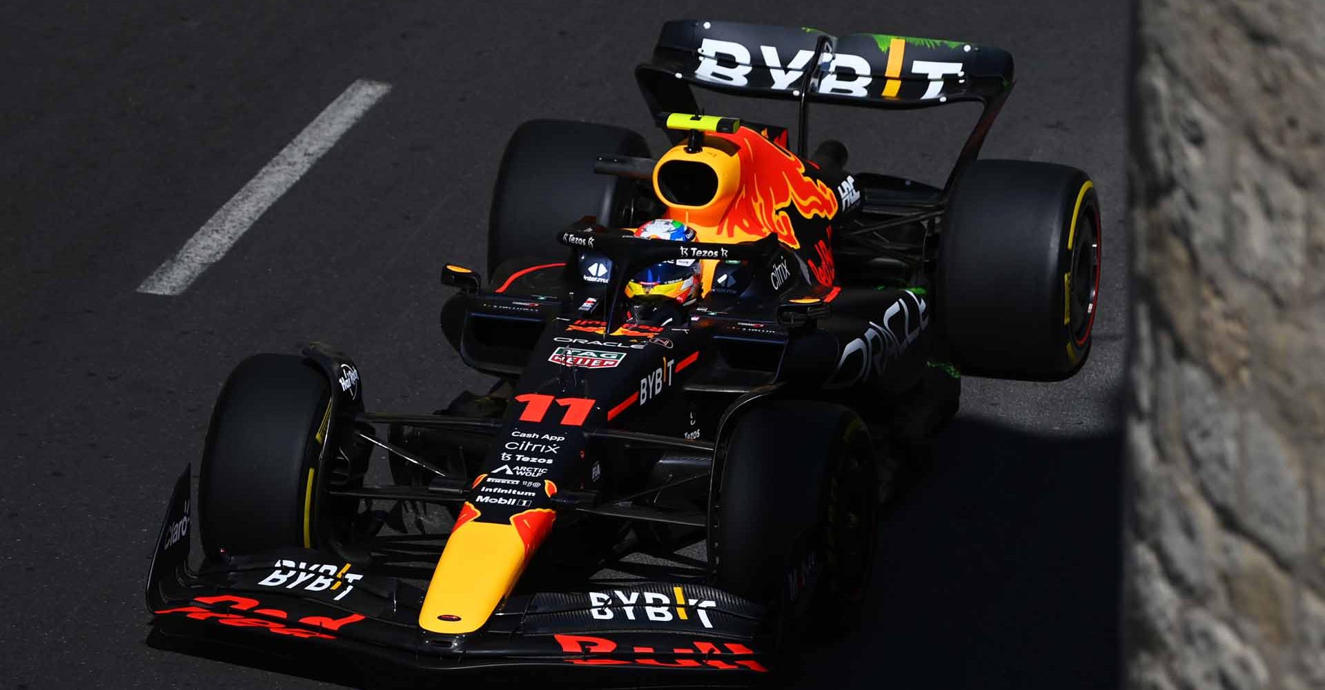 BAKU, AZERBAIJAN - JUNE 10: Sergio Perez of Mexico driving the (11) Oracle Red Bull Racing RB18 on track during practice ahead of the F1 Grand Prix of Azerbaijan at Baku City Circuit on June 10, 2022 in Baku, Azerbaijan. (Photo by Dan Mullan/Getty Images)