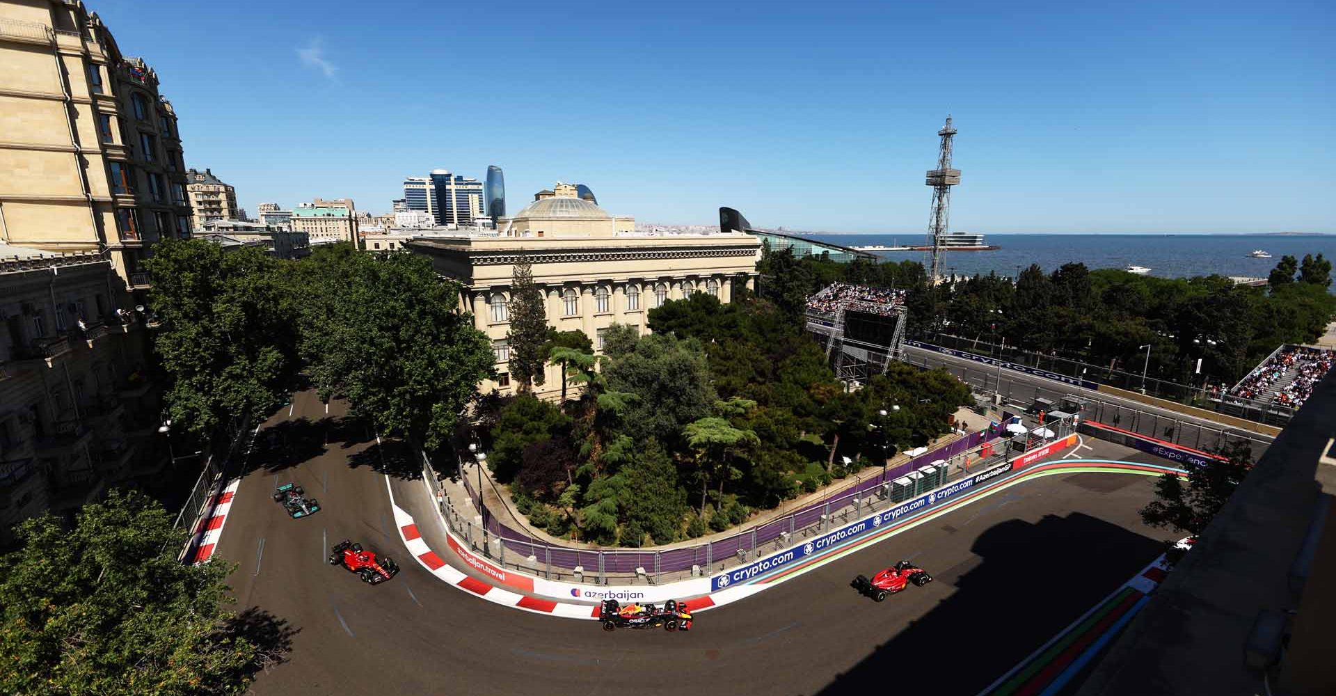 BAKU, AZERBAIJAN - JUNE 12: Charles Leclerc of Monaco driving the (16) Ferrari F1-75 leads Max Verstappen of the Netherlands driving the (1) Oracle Red Bull Racing RB18 and Carlos Sainz of Spain driving (55) the Ferrari F1-75 during the F1 Grand Prix of Azerbaijan at Baku City Circuit on June 12, 2022 in Baku, Azerbaijan. (Photo by Clive Rose/Getty Images)