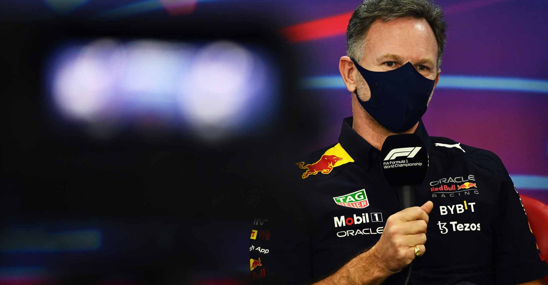 BAHRAIN, BAHRAIN - MARCH 19: Red Bull Racing Team Principal Christian Horner talks in the Team Principals Press Conference before final practice ahead of the F1 Grand Prix of Bahrain at Bahrain International Circuit on March 19, 2022 in Bahrain, Bahrain. (Photo by Clive Mason/Getty Images)