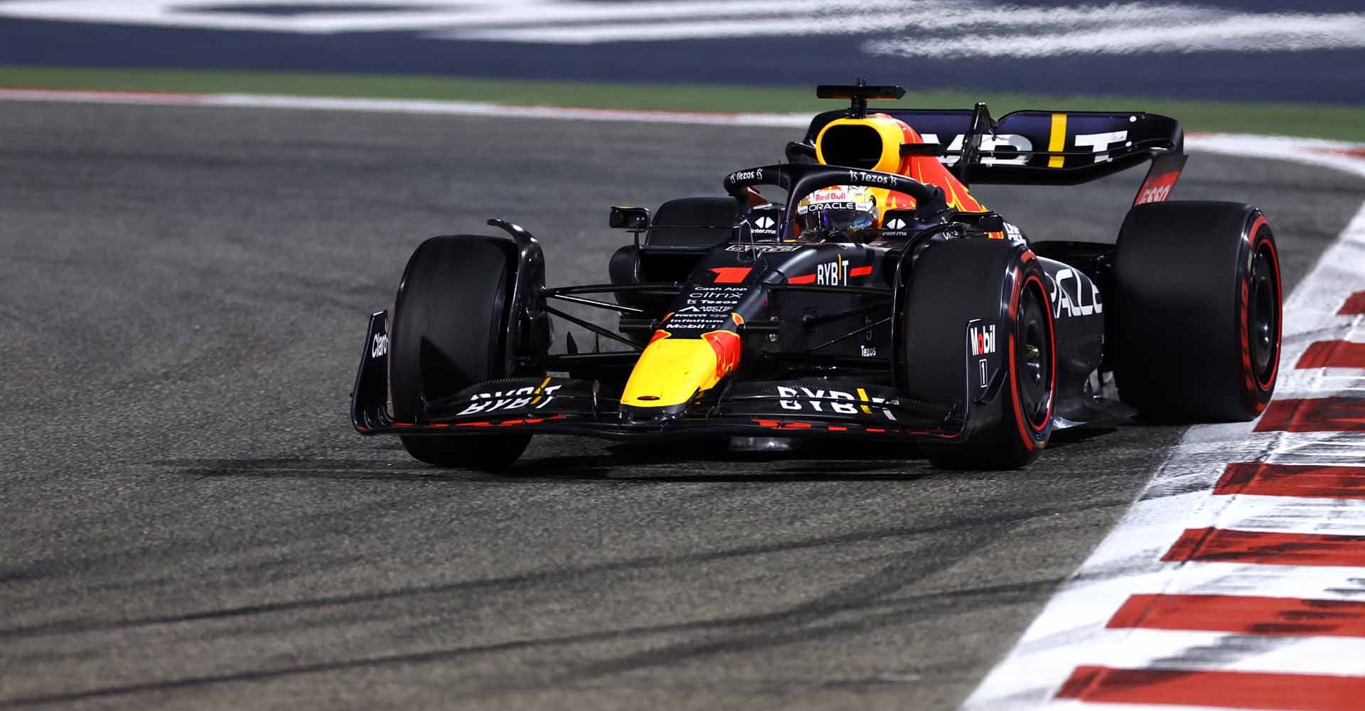 BAHRAIN, BAHRAIN - MARCH 20: Max Verstappen of the Netherlands driving the (1) Oracle Red Bull Racing RB18 on track during the F1 Grand Prix of Bahrain at Bahrain International Circuit on March 20, 2022 in Bahrain, Bahrain. (Photo by Lars Baron/Getty Images)