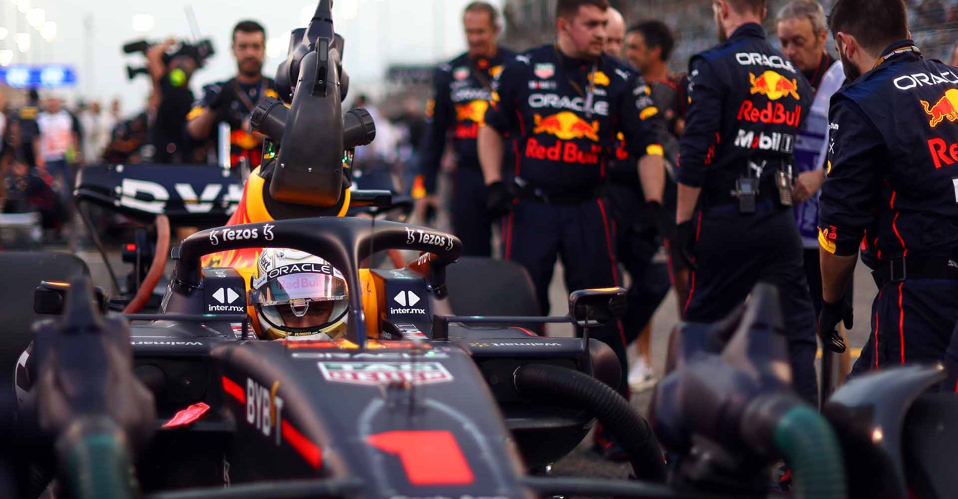 BAHRAIN, BAHRAIN - MARCH 20: Max Verstappen of the Netherlands and Oracle Red Bull Racing prepares to drive on the grid during the F1 Grand Prix of Bahrain at Bahrain International Circuit on March 20, 2022 in Bahrain, Bahrain. (Photo by Lars Baron/Getty Images)