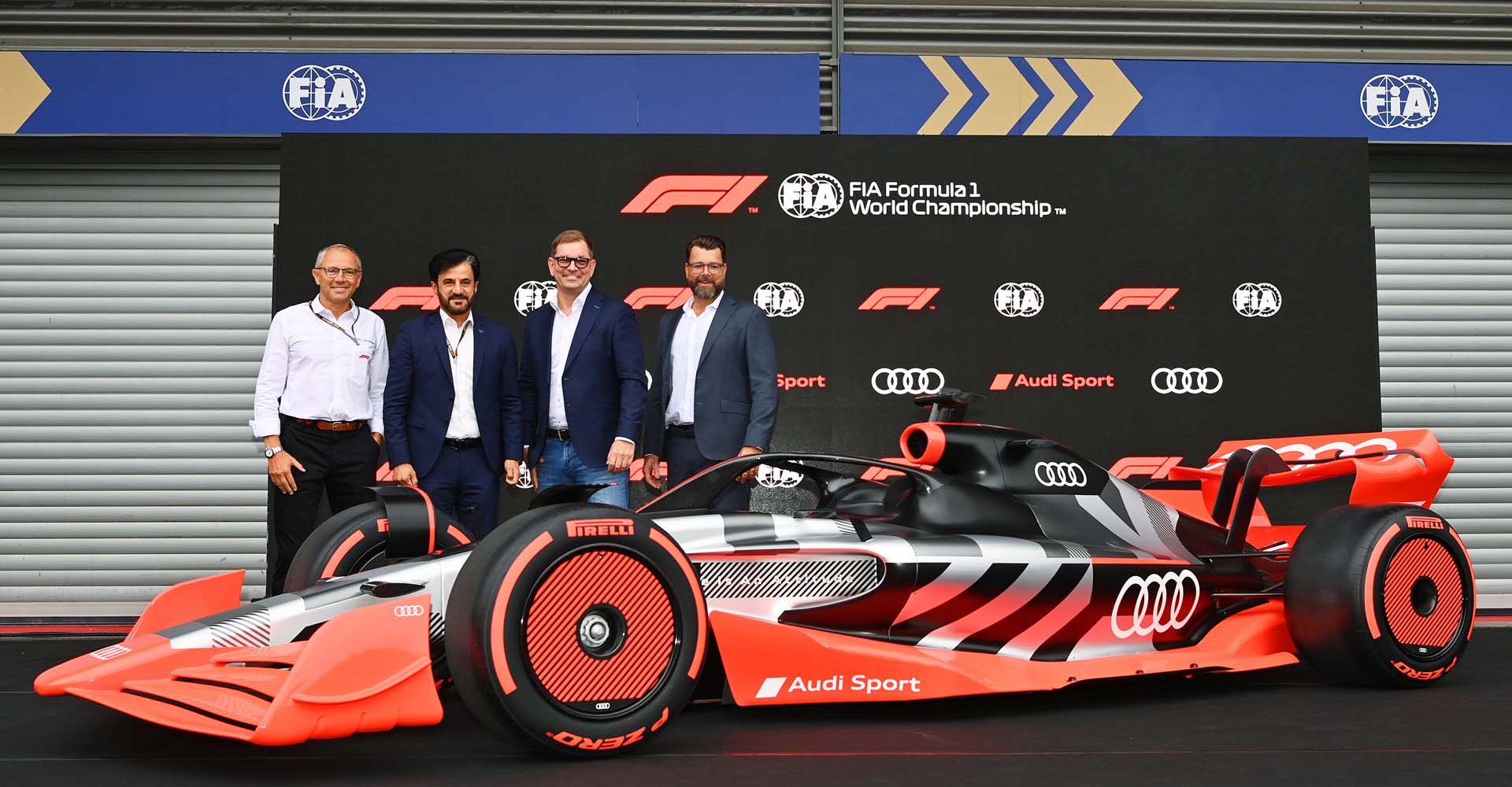 Stefano Domenicali, Formula 1 President and CEO, Mohammed ben Sulayem, President of the International Automobile Federation (FIA), Markus Duesmann, Chairman of the Board of Management of AUDI AG, and Oliver Hoffmann, Member of the Board of Management for Technical Development of AUDI AG