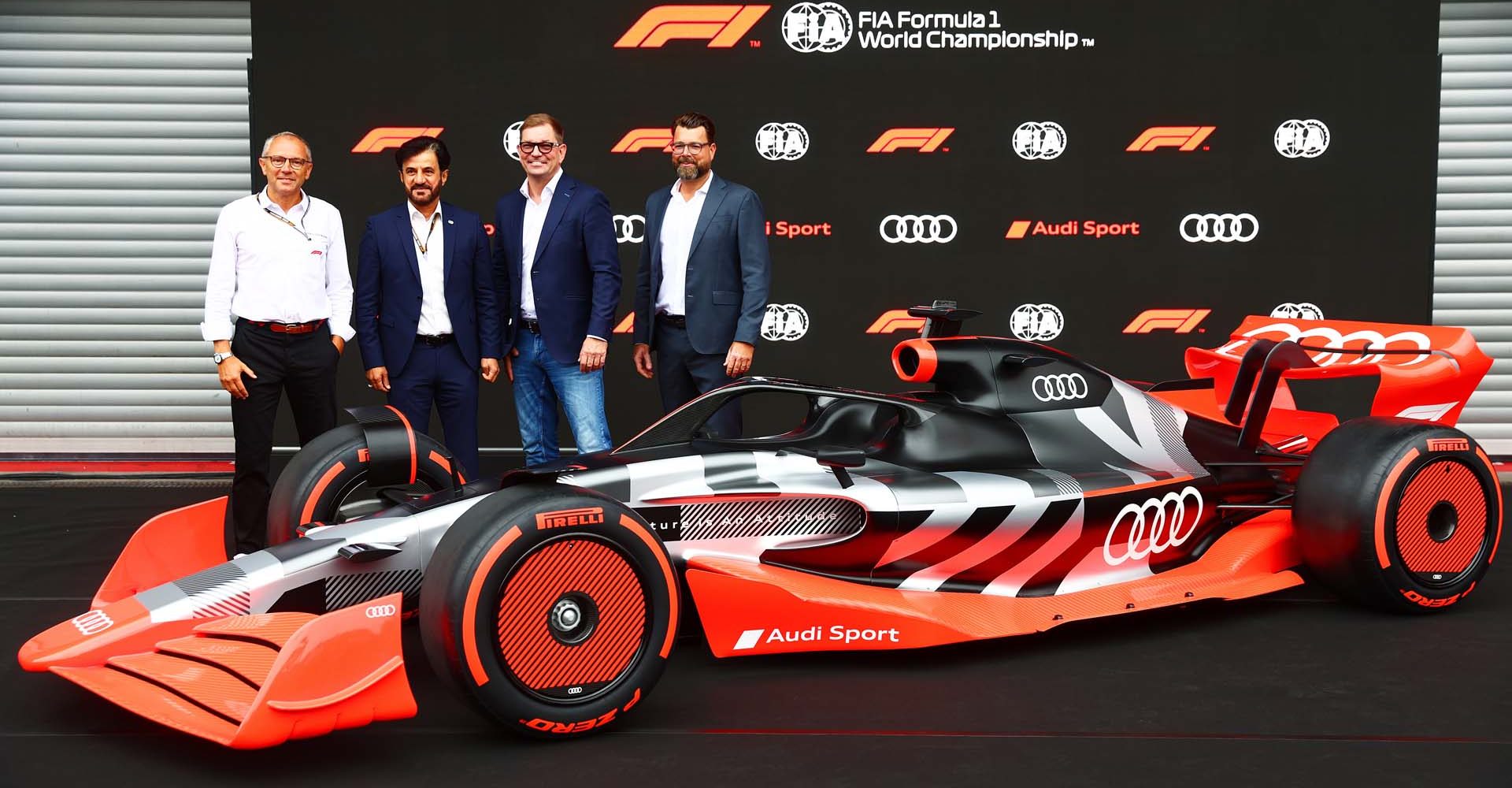 Stefano Domenicali, Formula 1 President and CEO, Mohammed ben Sulayem, President of the International Automobile Federation (FIA), Markus Duesmann, Chairman of the Board of Management of AUDI AG, and Oliver Hoffmann, Member of the Board of Management for Technical Development of AUDI AG