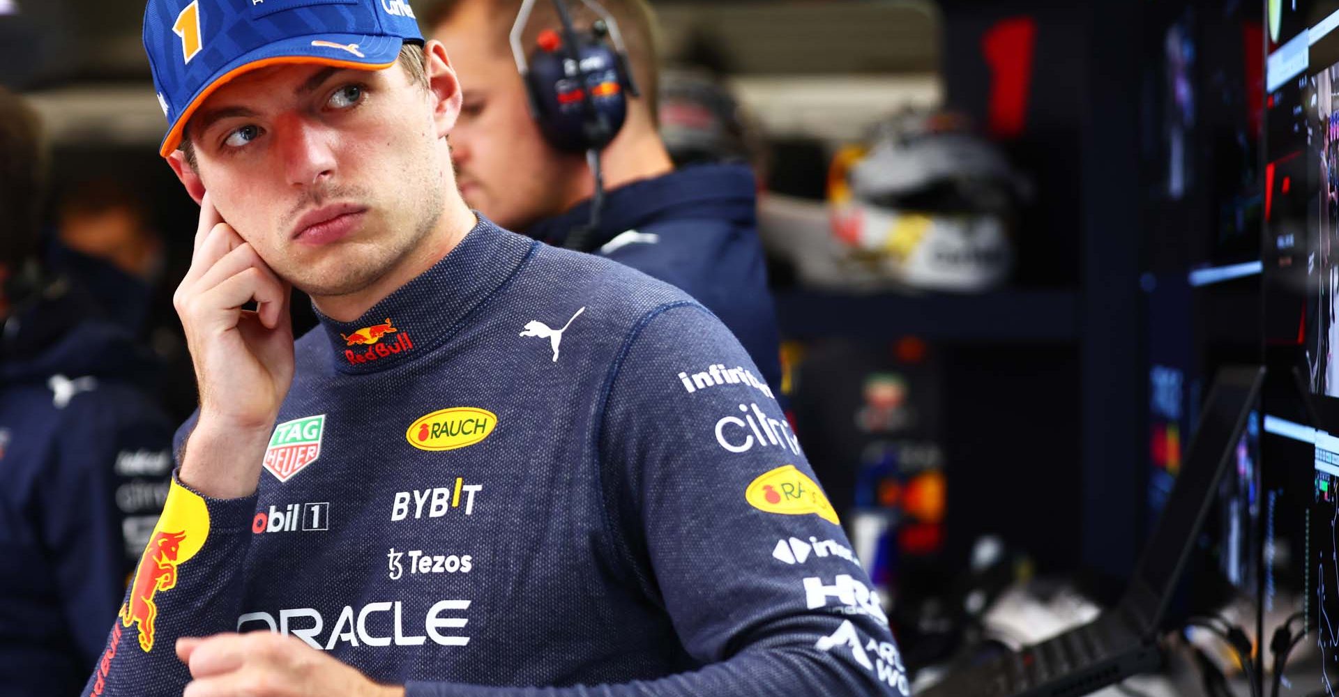 SPA, BELGIUM - AUGUST 26: Max Verstappen of the Netherlands and Oracle Red Bull Racing prepares to drive in the garage during practice ahead of the F1 Grand Prix of Belgium at Circuit de Spa-Francorchamps on August 26, 2022 in Spa, Belgium. (Photo by Mark Thompson/Getty Images)