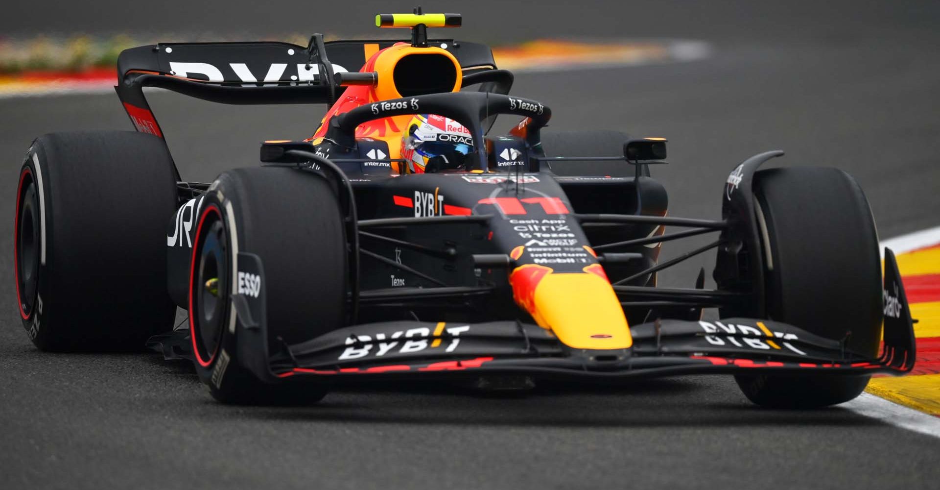 SPA, BELGIUM - AUGUST 26: Sergio Perez of Mexico driving the (11) Oracle Red Bull Racing RB18 on track during practice ahead of the F1 Grand Prix of Belgium at Circuit de Spa-Francorchamps on August 26, 2022 in Spa, Belgium. (Photo by Dan Mullan/Getty Images)