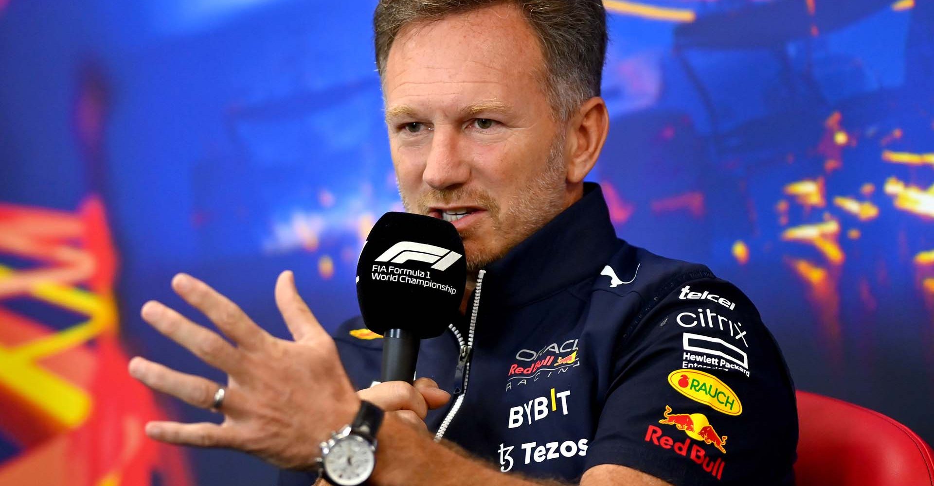 SPA, BELGIUM - AUGUST 27: Red Bull Racing Team Principal Christian Horner attends the Team Principals Press Conference prior to final practice ahead of the F1 Grand Prix of Belgium at Circuit de Spa-Francorchamps on August 27, 2022 in Spa, Belgium. (Photo by Dan Mullan/Getty Images)