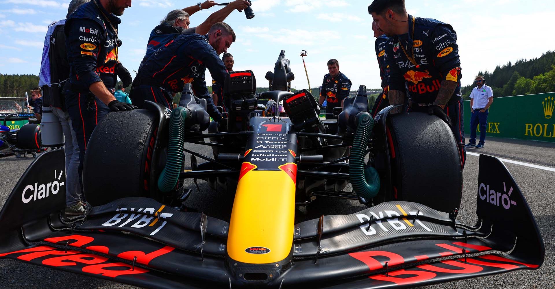 SPA, BELGIUM - AUGUST 28: Max Verstappen of the Netherlands and Oracle Red Bull Racing prepares to drive on the grid during the F1 Grand Prix of Belgium at Circuit de Spa-Francorchamps on August 28, 2022 in Spa, Belgium. (Photo by Mark Thompson/Getty Images)