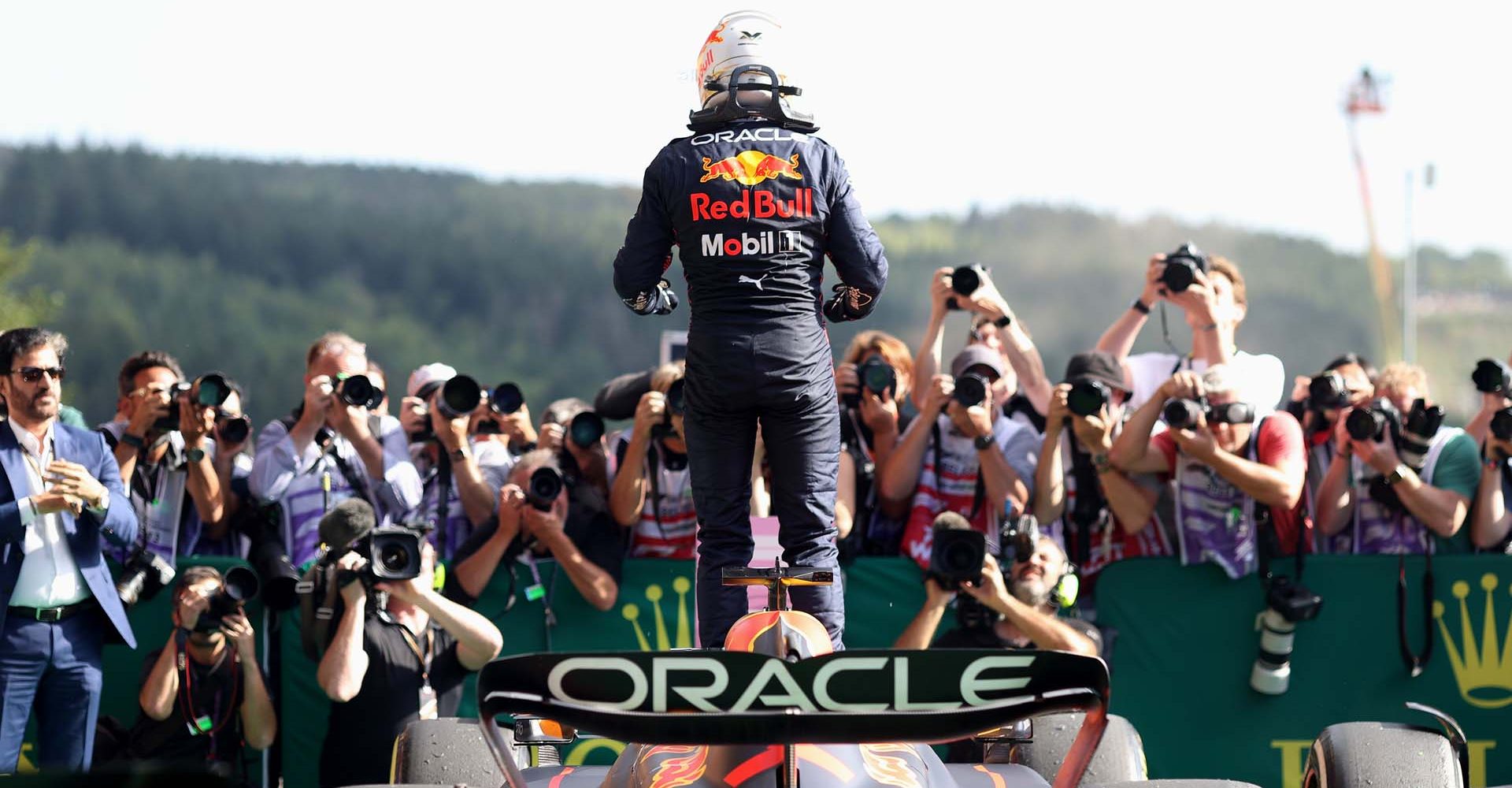 SPA, BELGIUM - AUGUST 28: Race winner Max Verstappen of the Netherlands and Oracle Red Bull Racing celebrates in parc ferme during the F1 Grand Prix of Belgium at Circuit de Spa-Francorchamps on August 28, 2022 in Spa, Belgium. (Photo by Peter Fox/Getty Images)