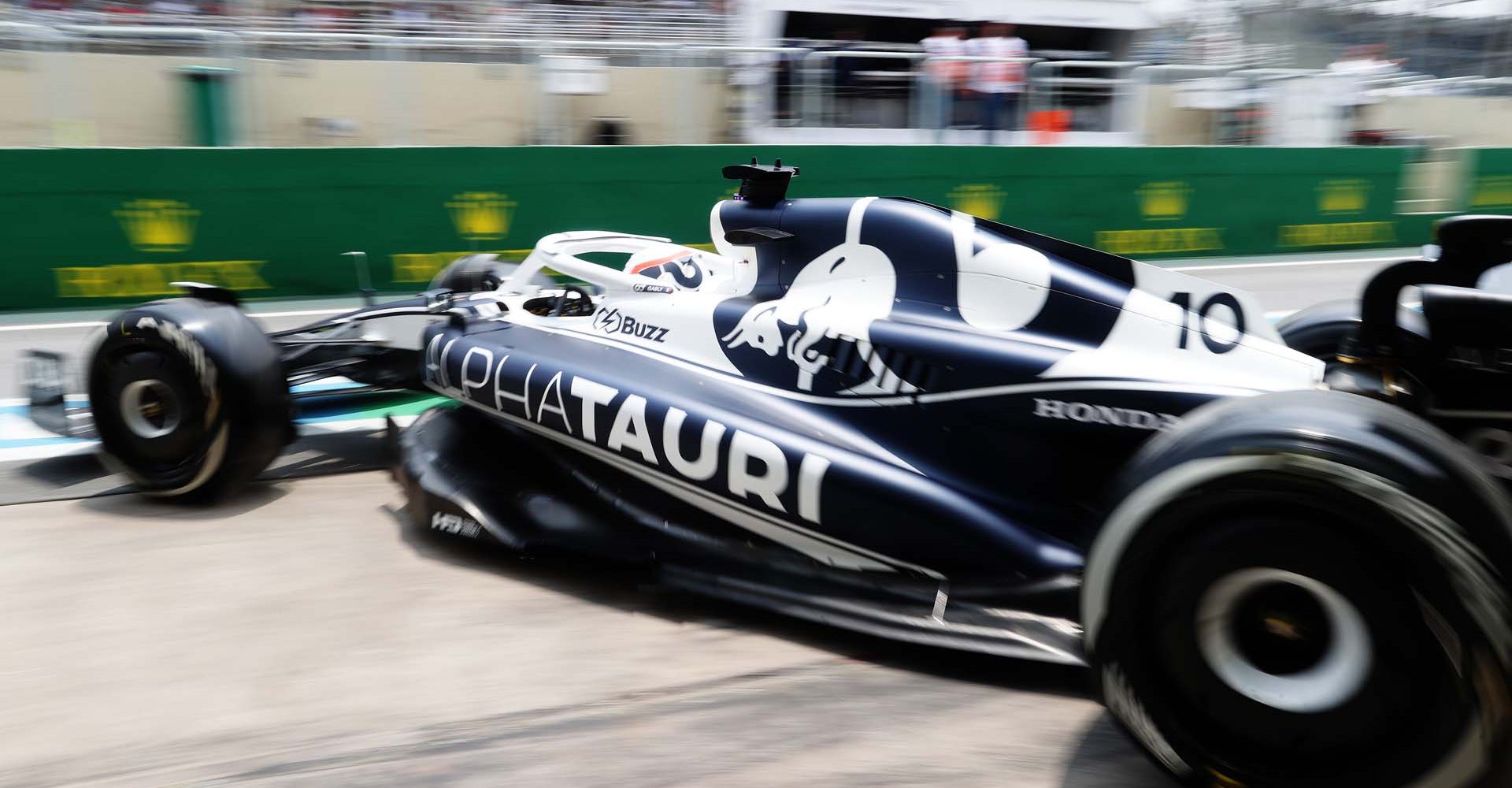 SAO PAULO, BRAZIL - NOVEMBER 11: Pierre Gasly of France driving the (10) Scuderia AlphaTauri AT03 leaves the garage during practice ahead of the F1 Grand Prix of Brazil at Autodromo Jose Carlos Pace on November 11, 2022 in Sao Paulo, Brazil. (Photo by Peter Fox/Getty Images)