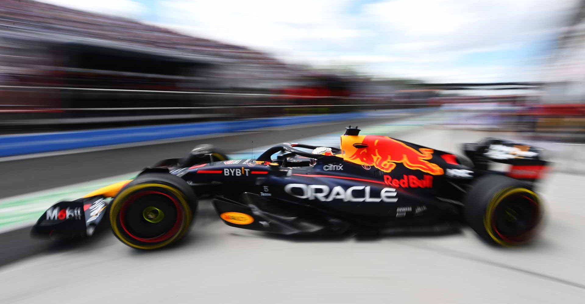 MONTREAL, QUEBEC - JUNE 17: Max Verstappen of the Netherlands driving the (1) Oracle Red Bull Racing RB18 leaves the garage during practice ahead of the F1 Grand Prix of Canada at Circuit Gilles Villeneuve on June 17, 2022 in Montreal, Quebec. (Photo by Dan Mullan/Getty Images)