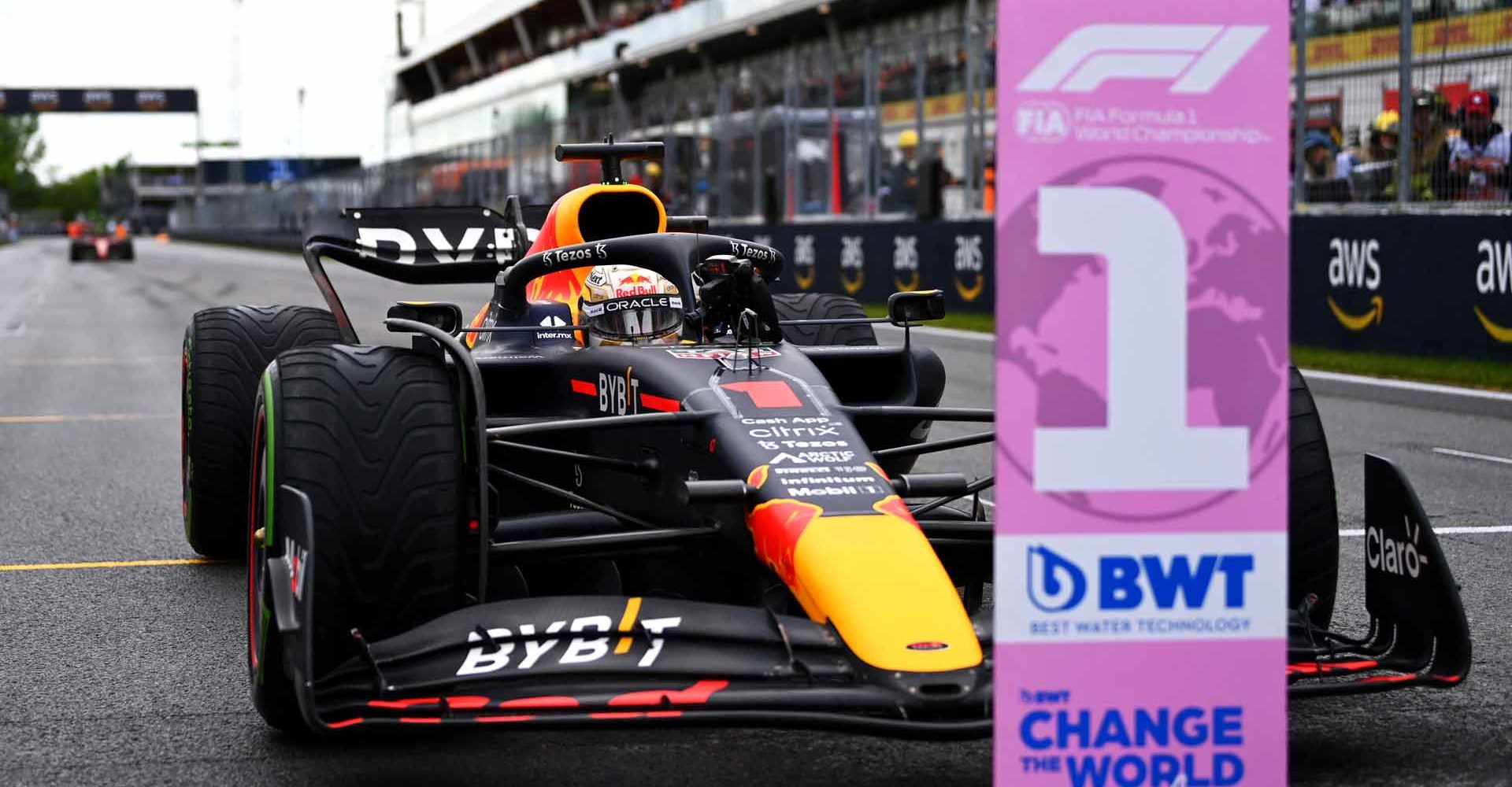 MONTREAL, QUEBEC - JUNE 18: Pole position qualifier Max Verstappen of the Netherlands and Oracle Red Bull Racing stops in parc ferme during qualifying ahead of the F1 Grand Prix of Canada at Circuit Gilles Villeneuve on June 18, 2022 in Montreal, Quebec. (Photo by Dan Mullan/Getty Images)