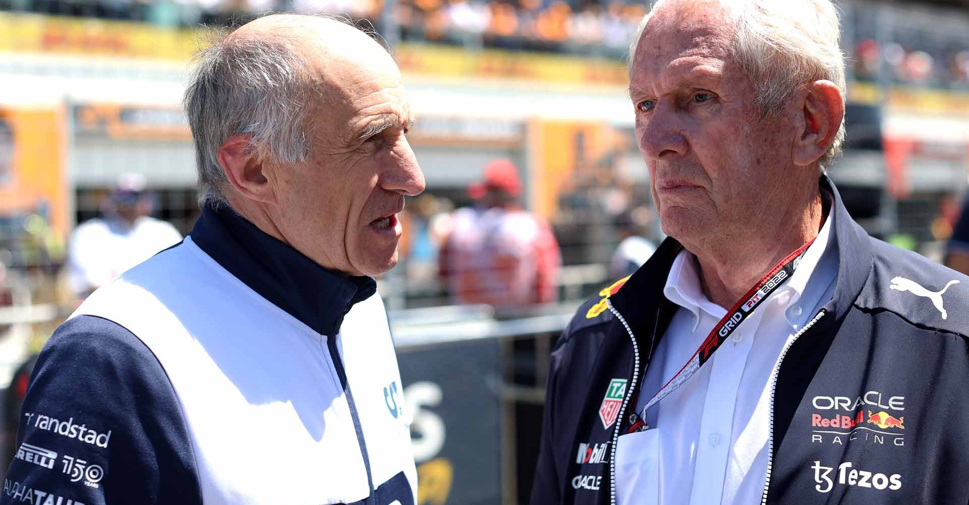 MONTREAL, QUEBEC - JUNE 19: Scuderia AlphaTauri Team Principal Franz Tost talks with Red Bull Racing Team Consultant Dr Helmut Marko on the grid during the F1 Grand Prix of Canada at Circuit Gilles Villeneuve on June 19, 2022 in Montreal, Quebec. (Photo by Peter Fox/Getty Images)