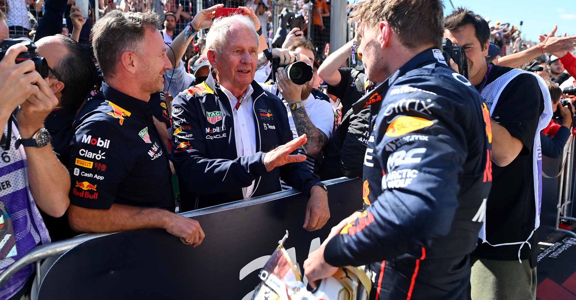 MONTREAL, QUEBEC - JUNE 19: Race winner Max Verstappen of the Netherlands and Oracle Red Bull Racing celebrates with Red Bull Racing Team Principal Christian Horner and Red Bull Racing Team Consultant Dr Helmut Marko in parc ferme during the F1 Grand Prix of Canada at Circuit Gilles Villeneuve on June 19, 2022 in Montreal, Quebec. (Photo by Dan Mullan/Getty Images)