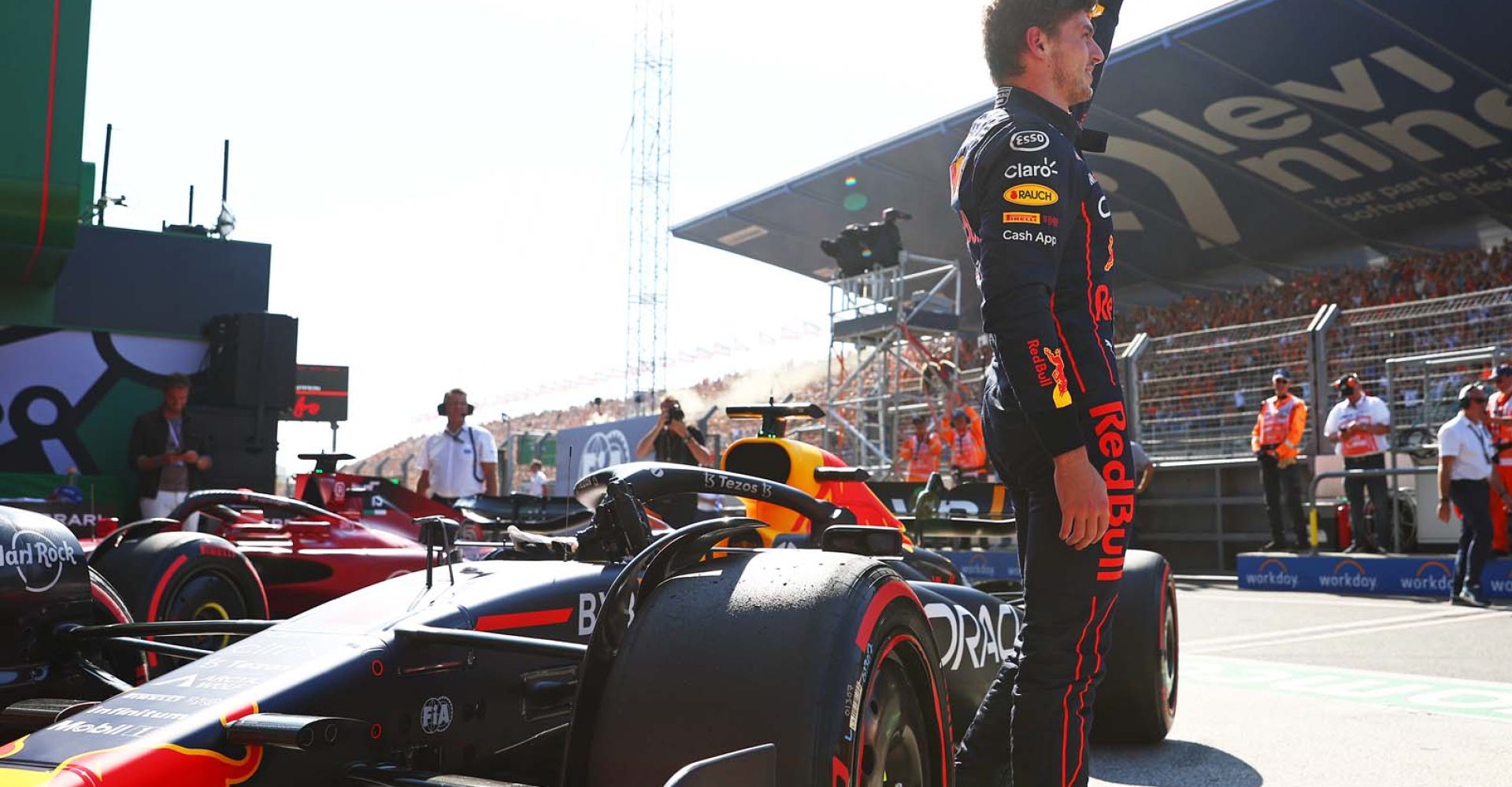 ZANDVOORT, NETHERLANDS - SEPTEMBER 03: Pole position qualifier Max Verstappen of the Netherlands and Oracle Red Bull Racing celebrates in parc ferme during qualifying ahead of the F1 Grand Prix of The Netherlands at Circuit Zandvoort on September 03, 2022 in Zandvoort, Netherlands. (Photo by Mark Thompson/Getty Images)