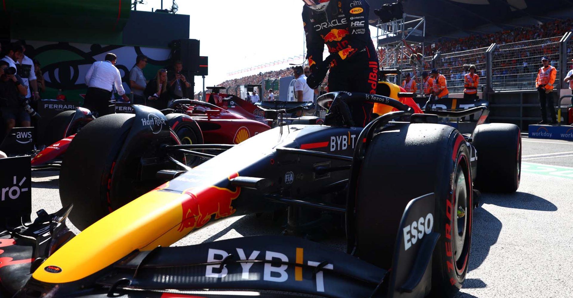 ZANDVOORT, NETHERLANDS - SEPTEMBER 03: Pole position qualifier Max Verstappen of the Netherlands and Oracle Red Bull Racing climbs from his car in parc ferme during qualifying ahead of the F1 Grand Prix of The Netherlands at Circuit Zandvoort on September 03, 2022 in Zandvoort, Netherlands. (Photo by Mark Thompson/Getty Images)