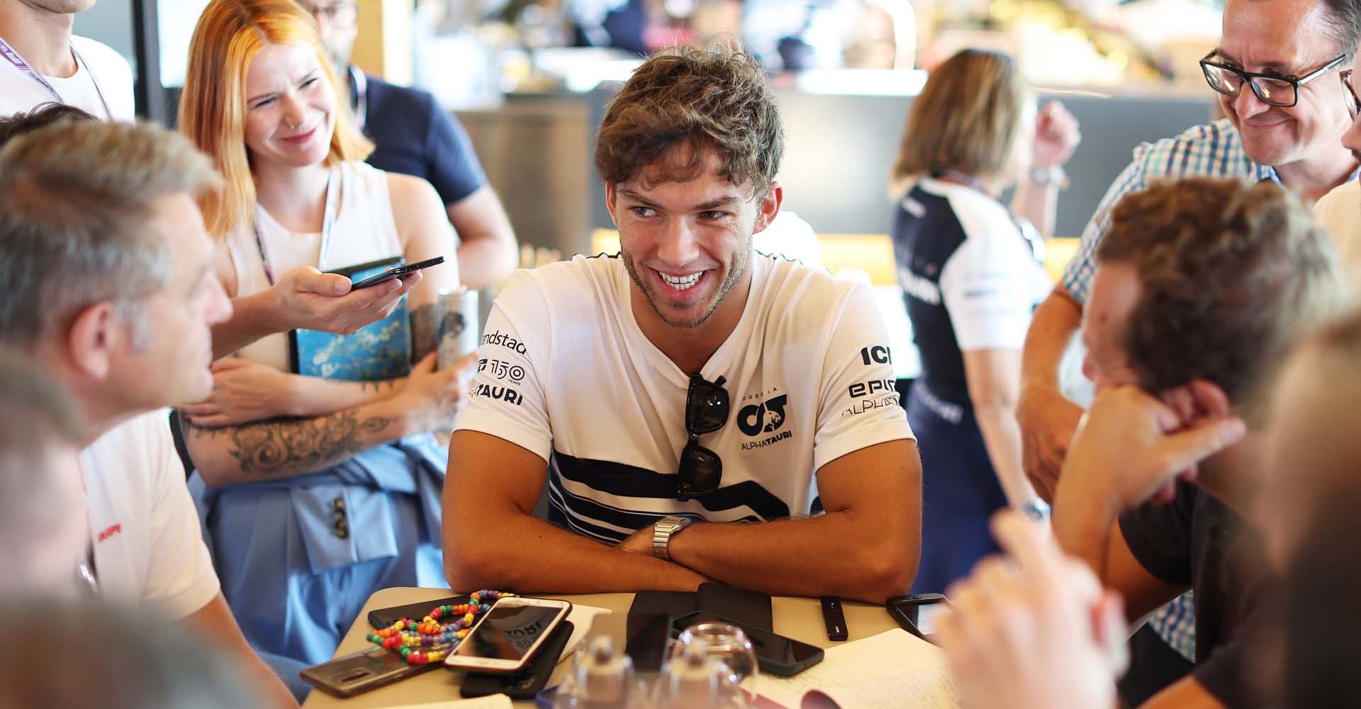 ZANDVOORT, NETHERLANDS - SEPTEMBER 01: Pierre Gasly of France and Scuderia AlphaTauri talks to the media in the Paddock during previews ahead of the F1 Grand Prix of The Netherlands at Circuit Zandvoort on September 01, 2022 in Zandvoort, Netherlands. (Photo by Peter Fox/Getty Images)