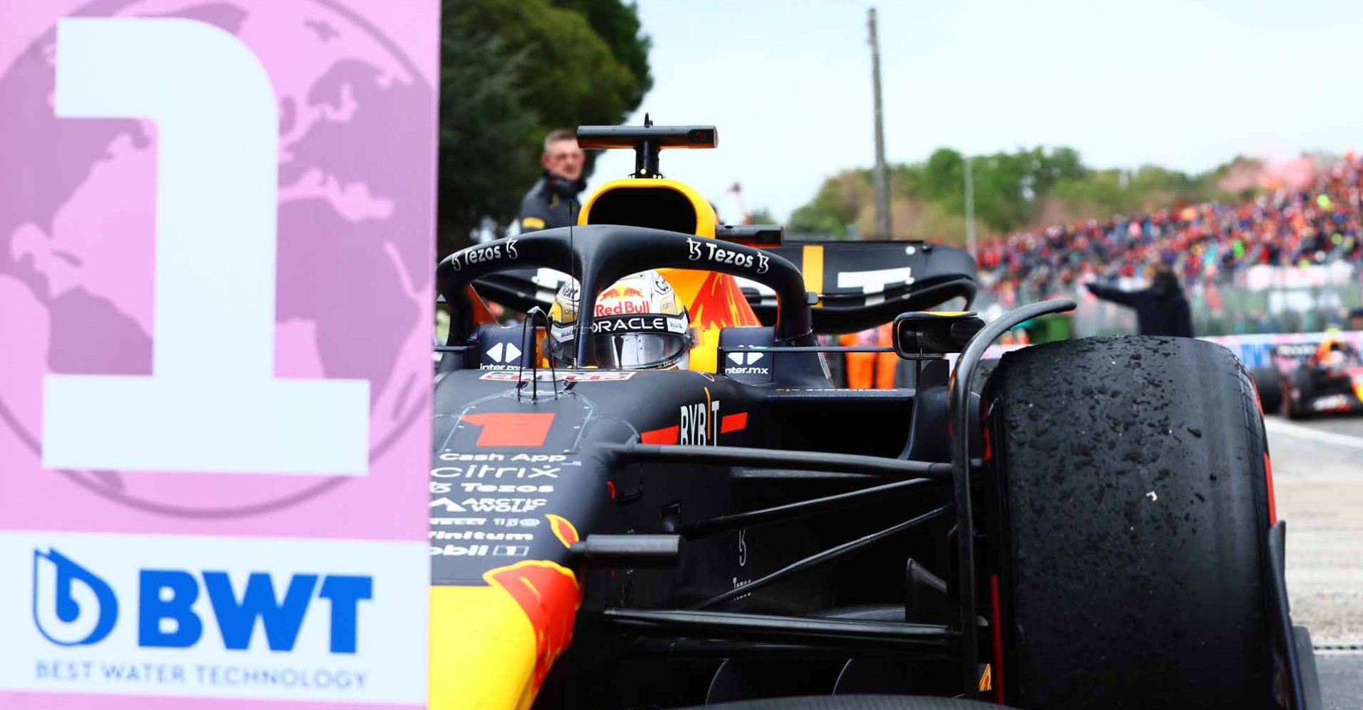 IMOLA, ITALY - APRIL 24: Race winner Max Verstappen of the Netherlands and Oracle Red Bull Racing stops in parc ferme during the F1 Grand Prix of Emilia Romagna at Autodromo Enzo e Dino Ferrari on April 24, 2022 in Imola, Italy. (Photo by Mark Thompson/Getty Images)