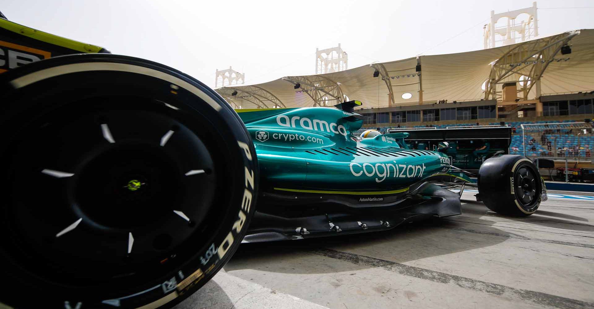 BAHRAIN INTERNATIONAL CIRCUIT, BAHRAIN - MARCH 11: Sebastian Vettel, Aston Martin AMR22, leaves the garage during the Bahrain March testing at Bahrain International Circuit on Friday March 11, 2022 in Sakhir, Bahrain. (Photo by Zak Mauger / LAT Images)