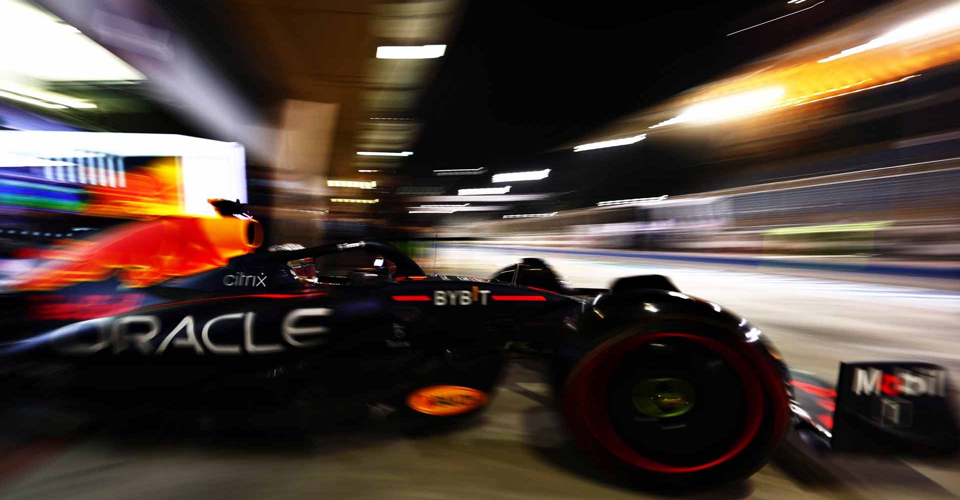 BAHRAIN, BAHRAIN - MARCH 12: Max Verstappen of the Netherlands driving the (1) Oracle Red Bull Racing RB18 leaves the garage during Day Three of F1 Testing at Bahrain International Circuit on March 12, 2022 in Bahrain, Bahrain. (Photo by Mark Thompson/Getty Images)