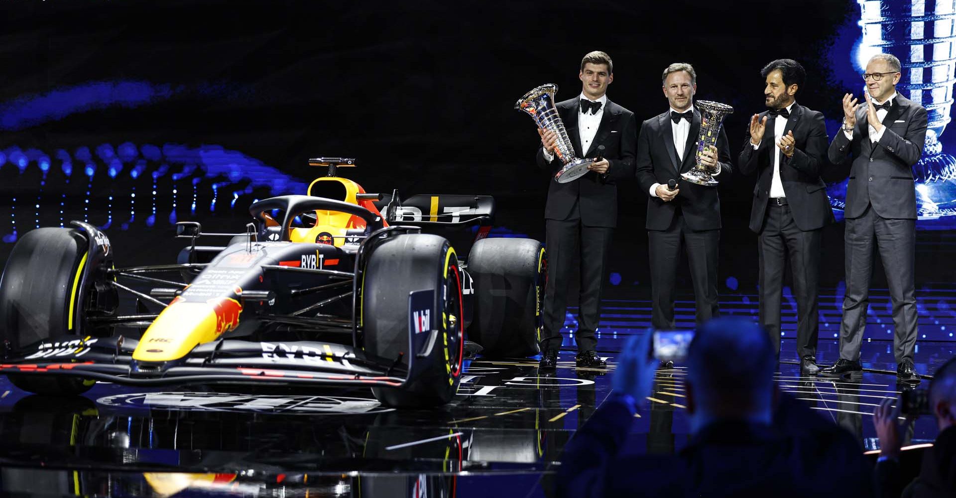 Horner Christian, portrait, FIA Formula One World Championship Manufacturer - Prize Giver, Verstappen Max, portrait, FIA FORMULA ONE WORLD CHAMPIONSHIP - FIA F1 Champion, Ben Sulayem Mohammed, portrait, FIA President Innovation Medal - Prize Giver, Domenicali Stefano, portrait, F3 & F2 - Prize Giver during the 2022 FIA Prize Giving ceremony at Bologna Fiere, on December 9, 2022 in Bologna, Italy - Photo Julien Delfosse / DPPI