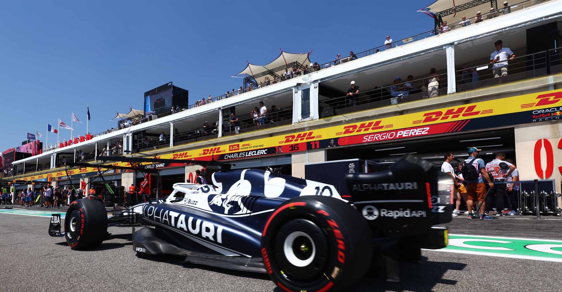 LE CASTELLET, FRANCE - JULY 22: Pierre Gasly of France driving the (10) Scuderia AlphaTauri AT03 in the Pitlane during practice ahead of the F1 Grand Prix of France at Circuit Paul Ricard on July 22, 2022 in Le Castellet, France. (Photo by Mark Thompson/Getty Images)