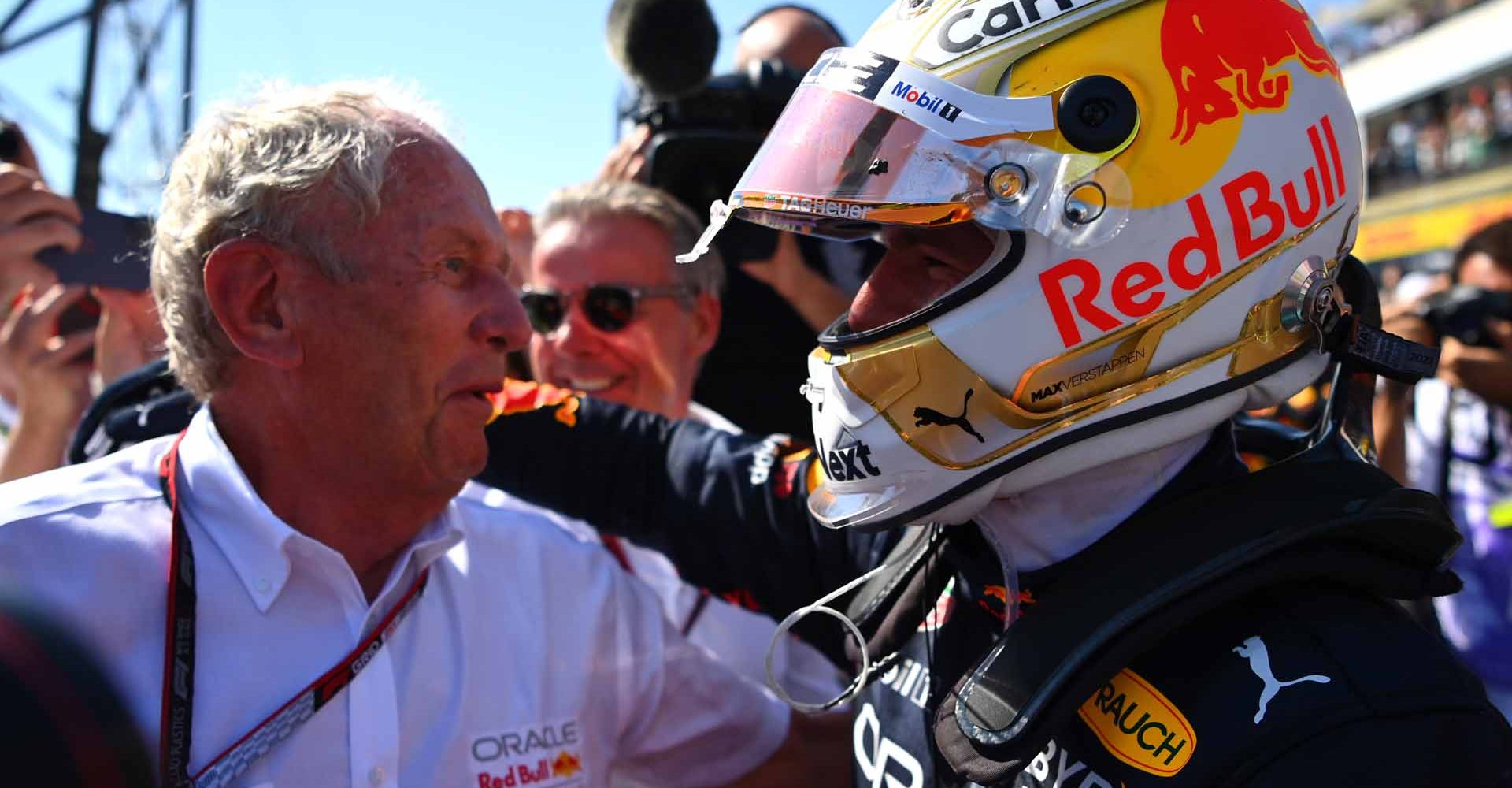 LE CASTELLET, FRANCE - JULY 24: Race winner Max Verstappen of the Netherlands and Oracle Red Bull Racing celebrates with Red Bull Racing Team Consultant Dr Helmut Marko in parc ferme during the F1 Grand Prix of France at Circuit Paul Ricard on July 24, 2022 in Le Castellet, France. (Photo by Dan Mullan/Getty Images)