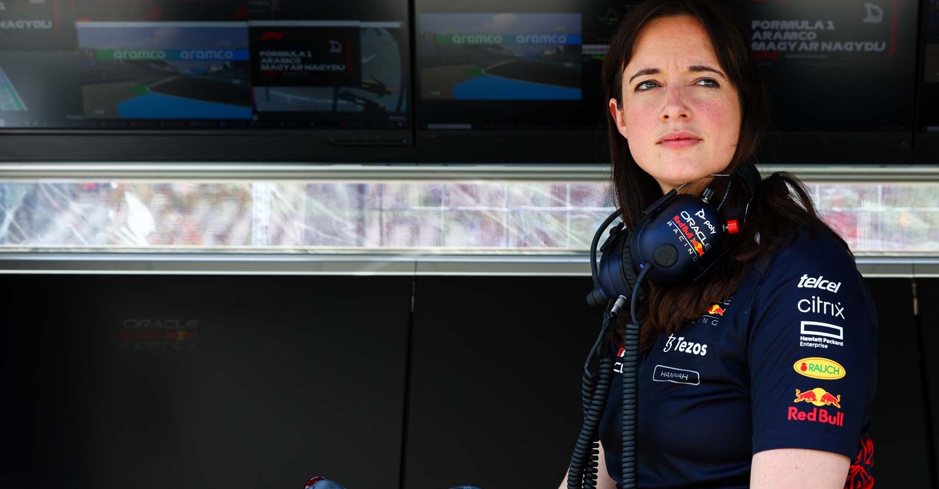 BUDAPEST, HUNGARY - JULY 29: Hannah Schmitz, Principal Strategy Engineer at Red Bull Racing looks on prior to practice ahead of the F1 Grand Prix of Hungary at Hungaroring on July 29, 2022 in Budapest, Hungary. (Photo by Mark Thompson/Getty Images)