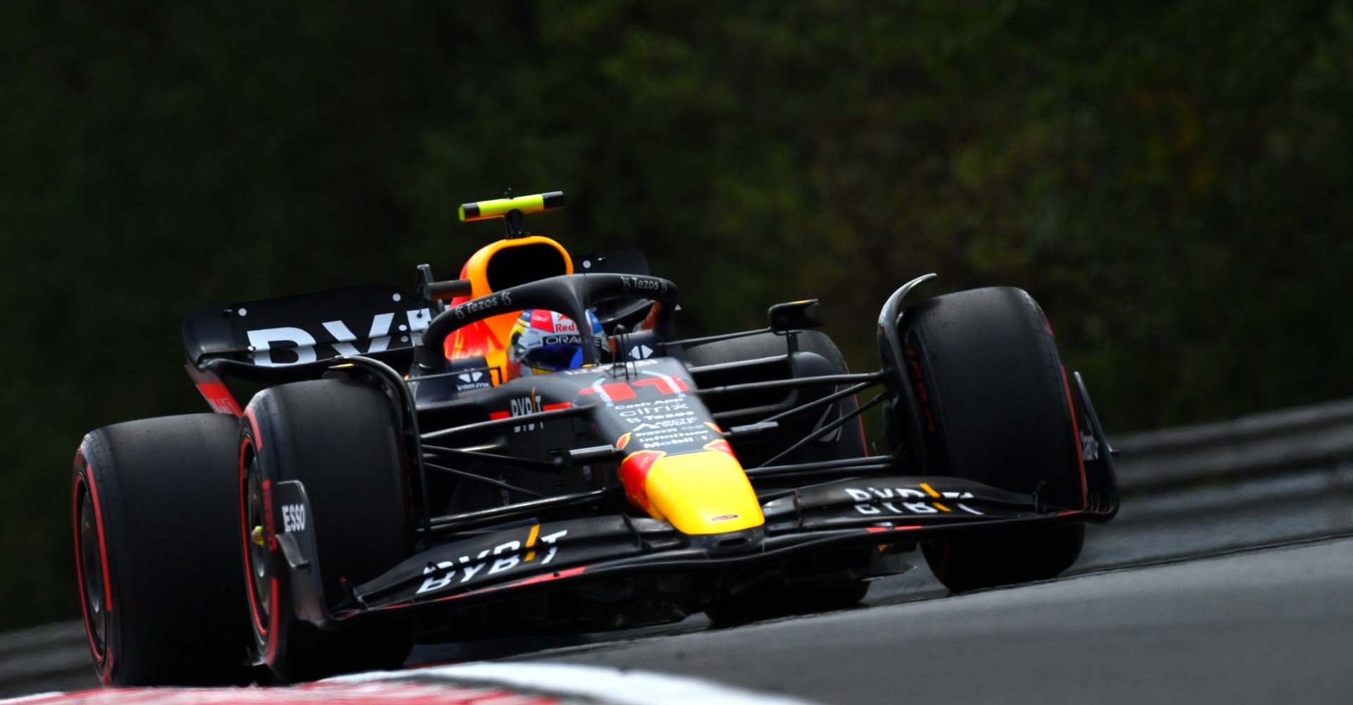 BUDAPEST, HUNGARY - JULY 29: Sergio Perez of Mexico driving the (11) Oracle Red Bull Racing RB18 on track during practice ahead of the F1 Grand Prix of Hungary at Hungaroring on July 29, 2022 in Budapest, Hungary. (Photo by Dan Mullan/Getty Images)