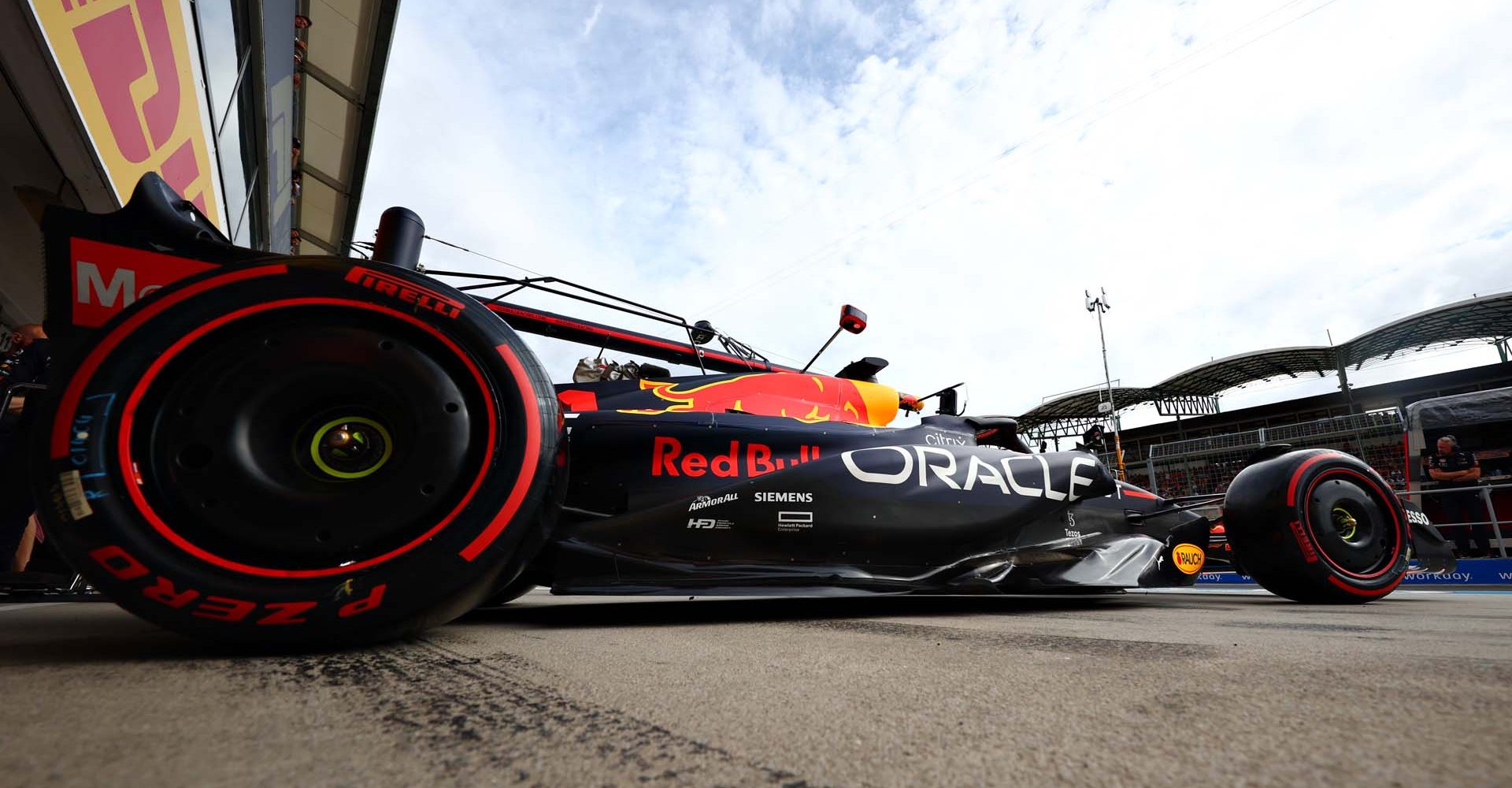 BUDAPEST, HUNGARY - JULY 30: Max Verstappen of the Netherlands driving the (1) Oracle Red Bull Racing RB18 leaves the garage during qualifying ahead of the F1 Grand Prix of Hungary at Hungaroring on July 30, 2022 in Budapest, Hungary. (Photo by Mark Thompson/Getty Images)