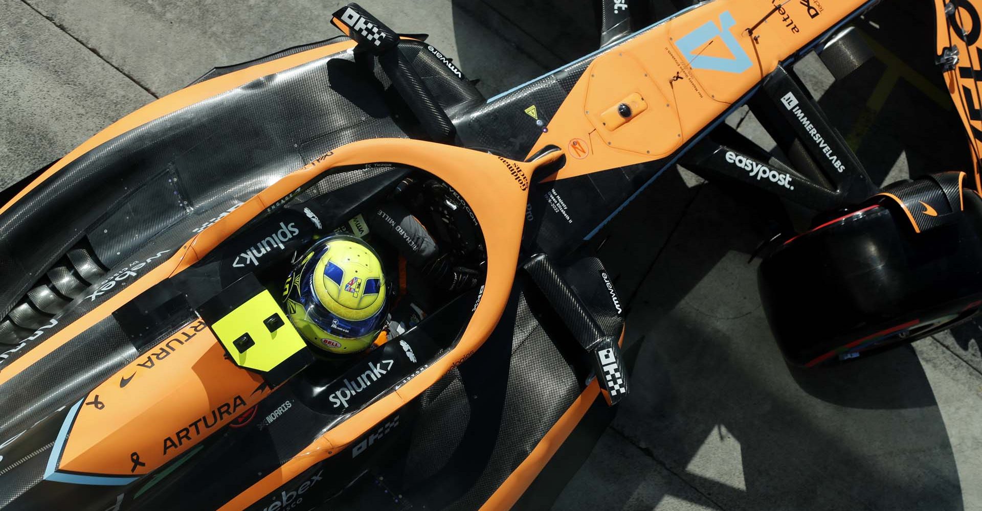 Lando Norris, McLaren MCL36, leaves the garage from above