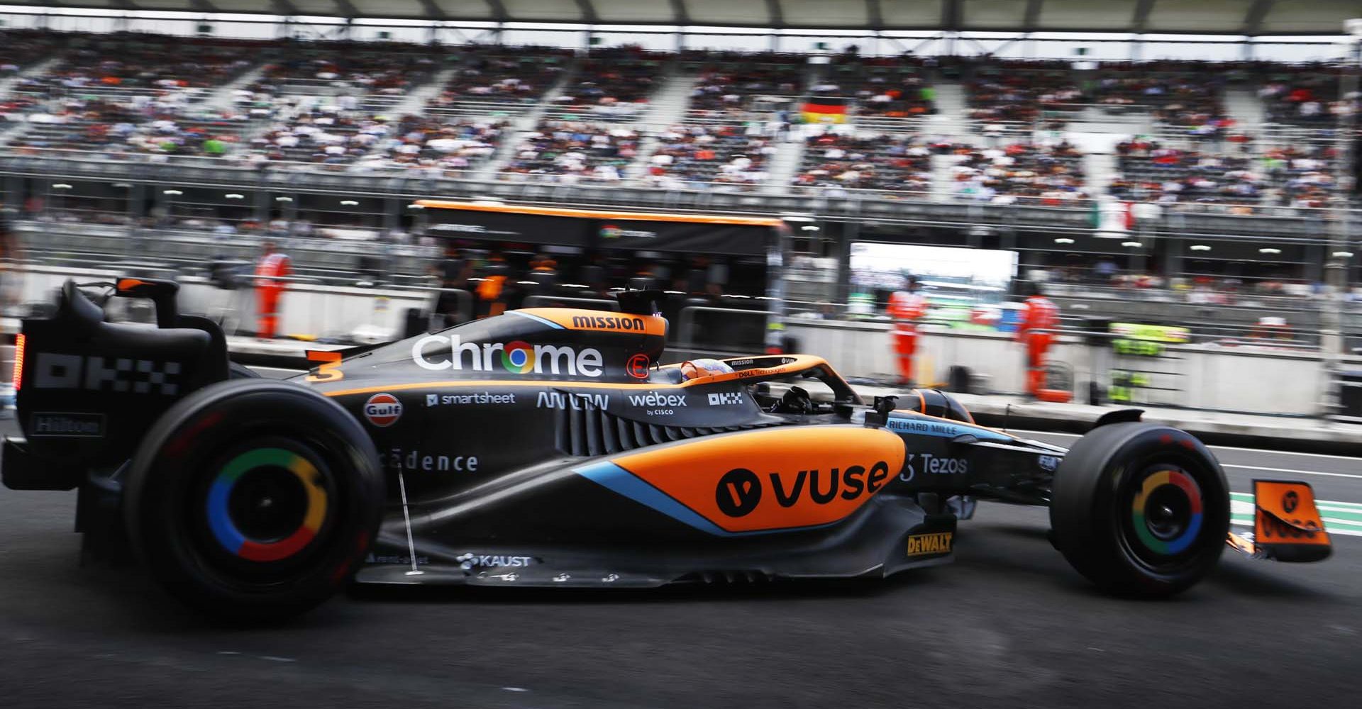 AUTODROMO HERMANOS RODRIGUEZ, MEXICO - OCTOBER 28: Daniel Ricciardo, McLaren MCL36, leaves the garage during the Mexico City GP at Autodromo Hermanos Rodriguez on Friday October 28, 2022 in Mexico City, Mexico. (Photo by Carl Bingham / LAT Images)