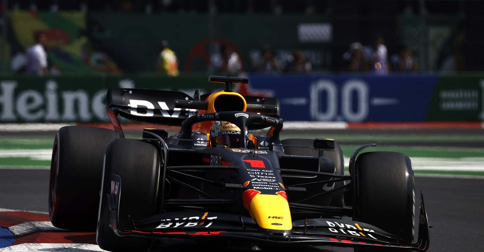 MEXICO CITY, MEXICO - OCTOBER 28: Max Verstappen of the Netherlands driving the (1) Oracle Red Bull Racing RB18 on track during practice ahead of the F1 Grand Prix of Mexico at Autodromo Hermanos Rodriguez on October 28, 2022 in Mexico City, Mexico. (Photo by Jared C. Tilton/Getty Images)