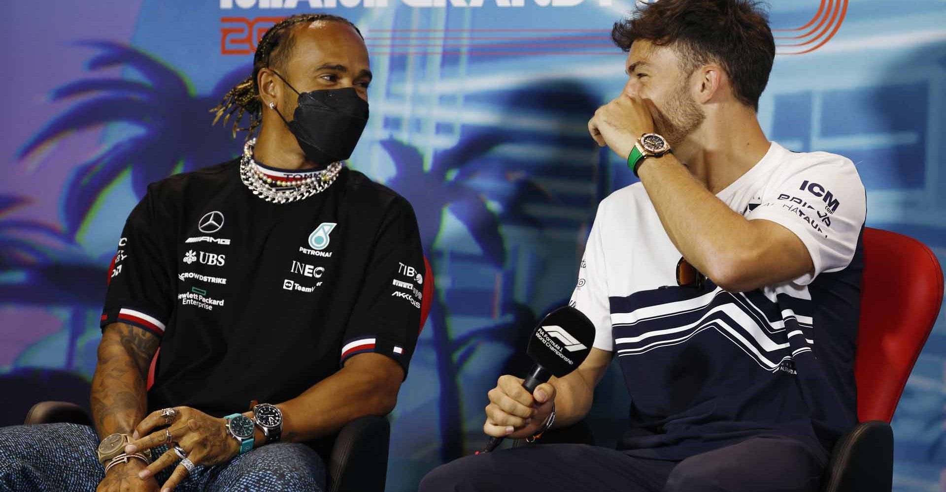 MIAMI, FLORIDA - MAY 06: Lewis Hamilton of Great Britain and Mercedes and Pierre Gasly of France and Scuderia AlphaTauri talk in the Drivers Press Conference prior to practice ahead of the F1 Grand Prix of Miami at the Miami International Autodrome on May 06, 2022 in Miami, Florida. (Photo by Jared C. Tilton/Getty Images)