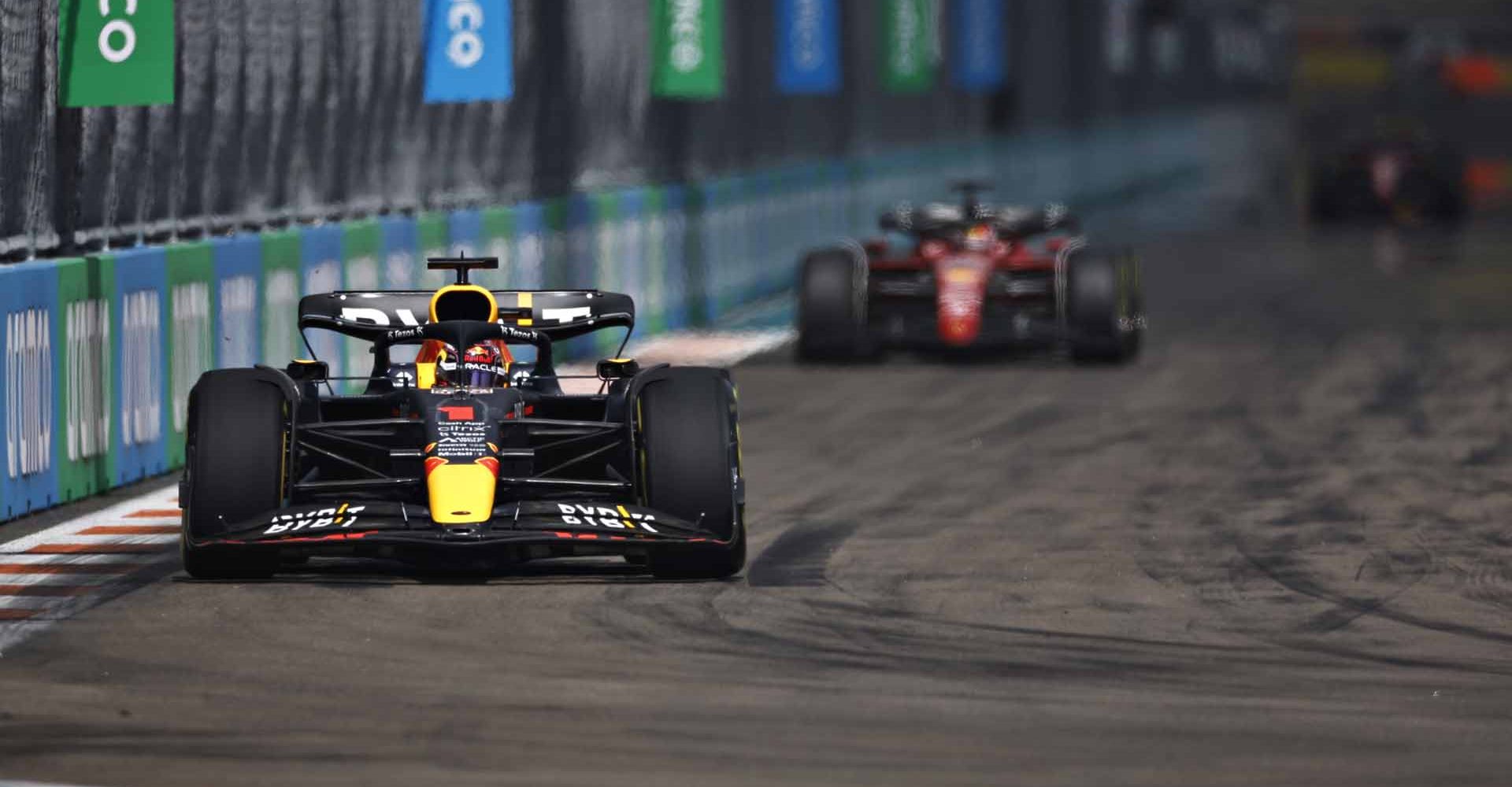 MIAMI, FLORIDA - MAY 08: Max Verstappen of the Netherlands driving the (1) Oracle Red Bull Racing RB18 on track during the F1 Grand Prix of Miami at the Miami International Autodrome on May 08, 2022 in Miami, Florida. (Photo by Chris Graythen/Getty Images)