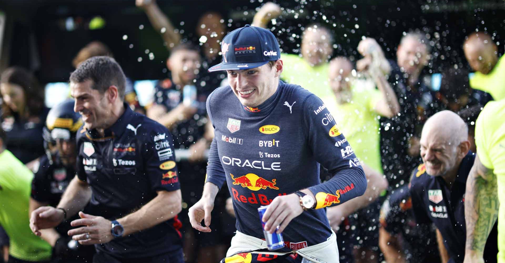 MIAMI, FLORIDA - MAY 08: Race winner Max Verstappen of the Netherlands and Oracle Red Bull Racing celebrates with his team after the F1 Grand Prix of Miami at the Miami International Autodrome on May 08, 2022 in Miami, Florida. (Photo by Chris Graythen/Getty Images)