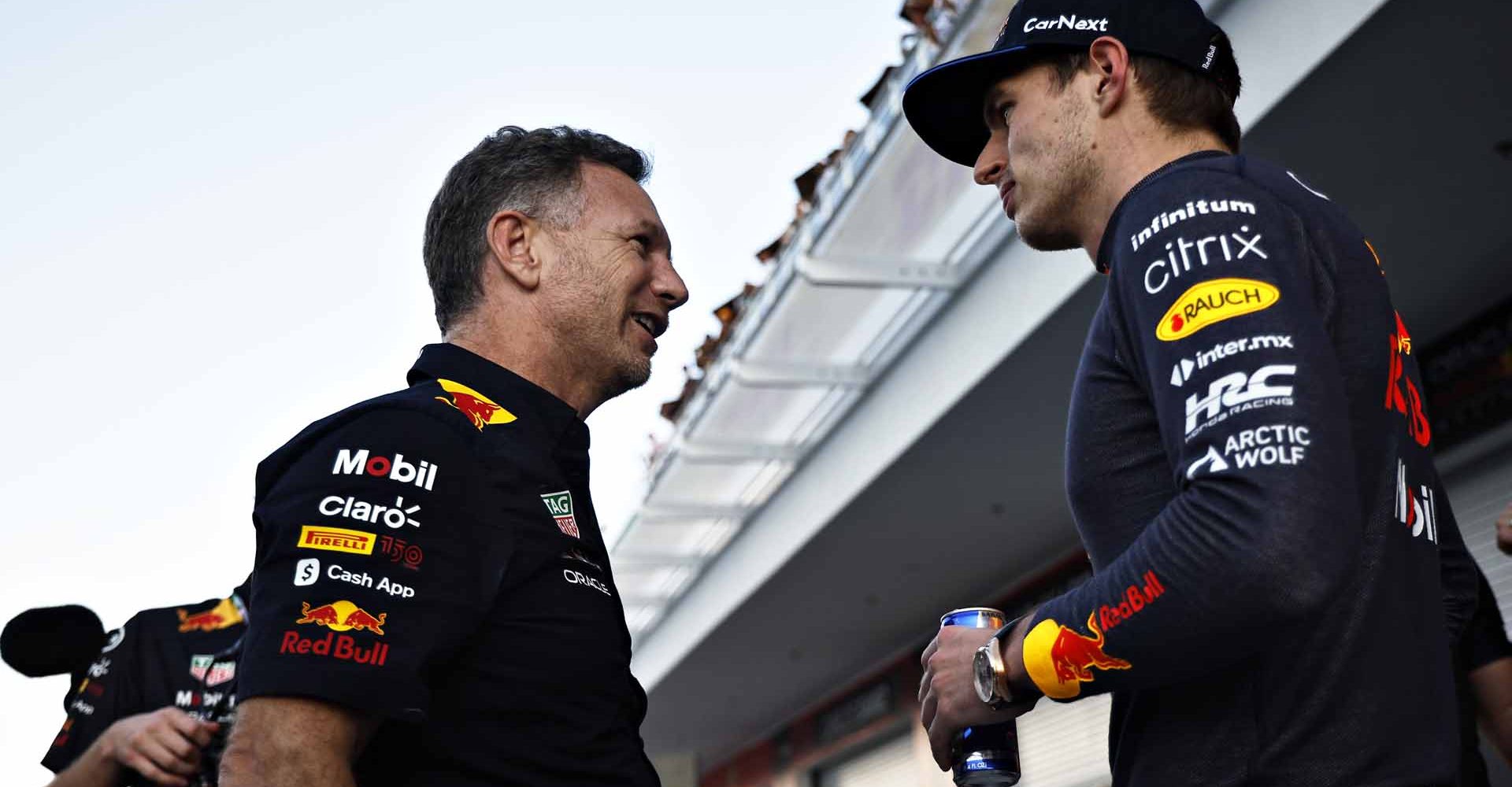 MIAMI, FLORIDA - MAY 08: Race winner Max Verstappen of the Netherlands and Oracle Red Bull Racing talks with Red Bull Racing Team Principal Christian Horner after the F1 Grand Prix of Miami at the Miami International Autodrome on May 08, 2022 in Miami, Florida. (Photo by Chris Graythen/Getty Images)