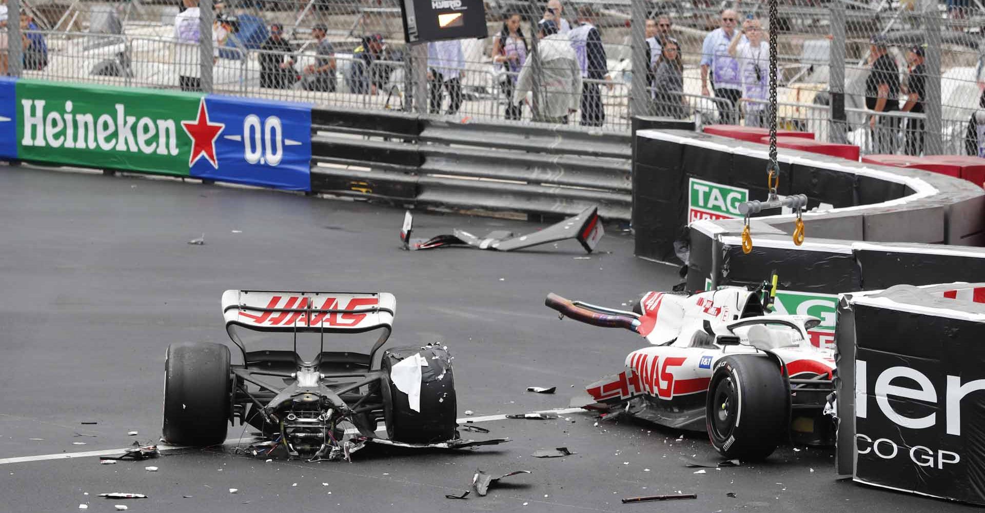 CIRCUIT DE MONACO, MONACO - MAY 29: Mick Schumacher, Haas VF-22 crash during the Monaco GP at Circuit de Monaco on Sunday May 29, 2022 in Monte Carlo, Monaco. (Photo by Steven Tee / LAT Images)