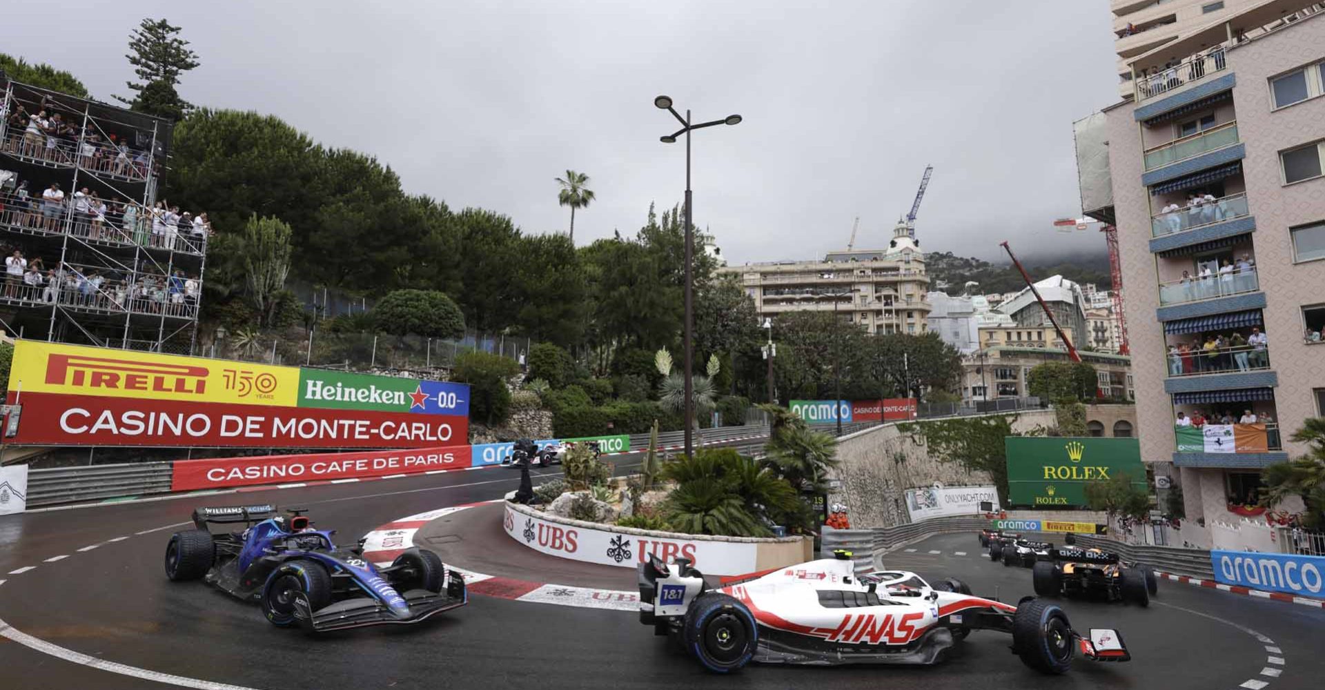 CIRCUIT DE MONACO, MONACO - MAY 29: Mick Schumacher, Haas VF-22, leads Alex Albon, Williams FW44 during the Monaco GP at Circuit de Monaco on Sunday May 29, 2022 in Monte Carlo, Monaco. (Photo by Glenn Dunbar / LAT Images)